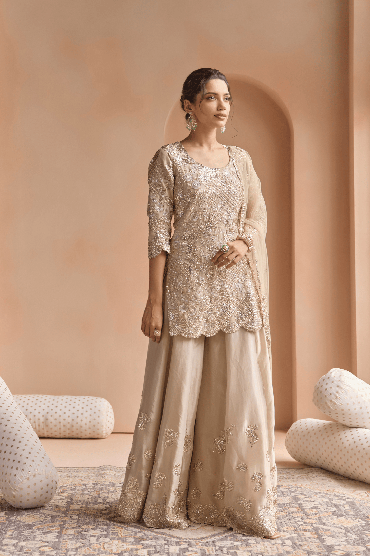 Beige Champage Tissue Sharara Set