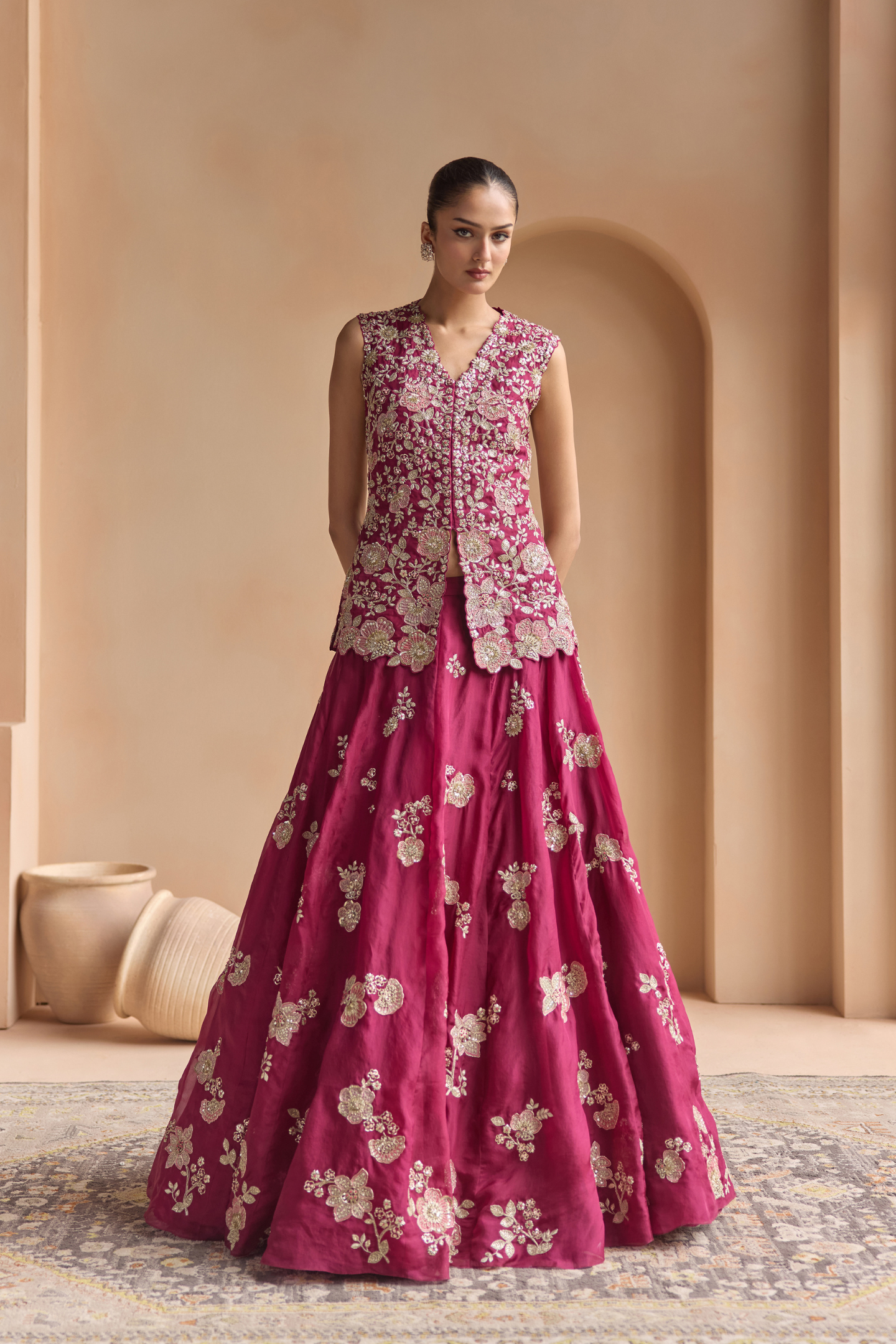 Sangria Plum Embroidered Organza Lehenga Set