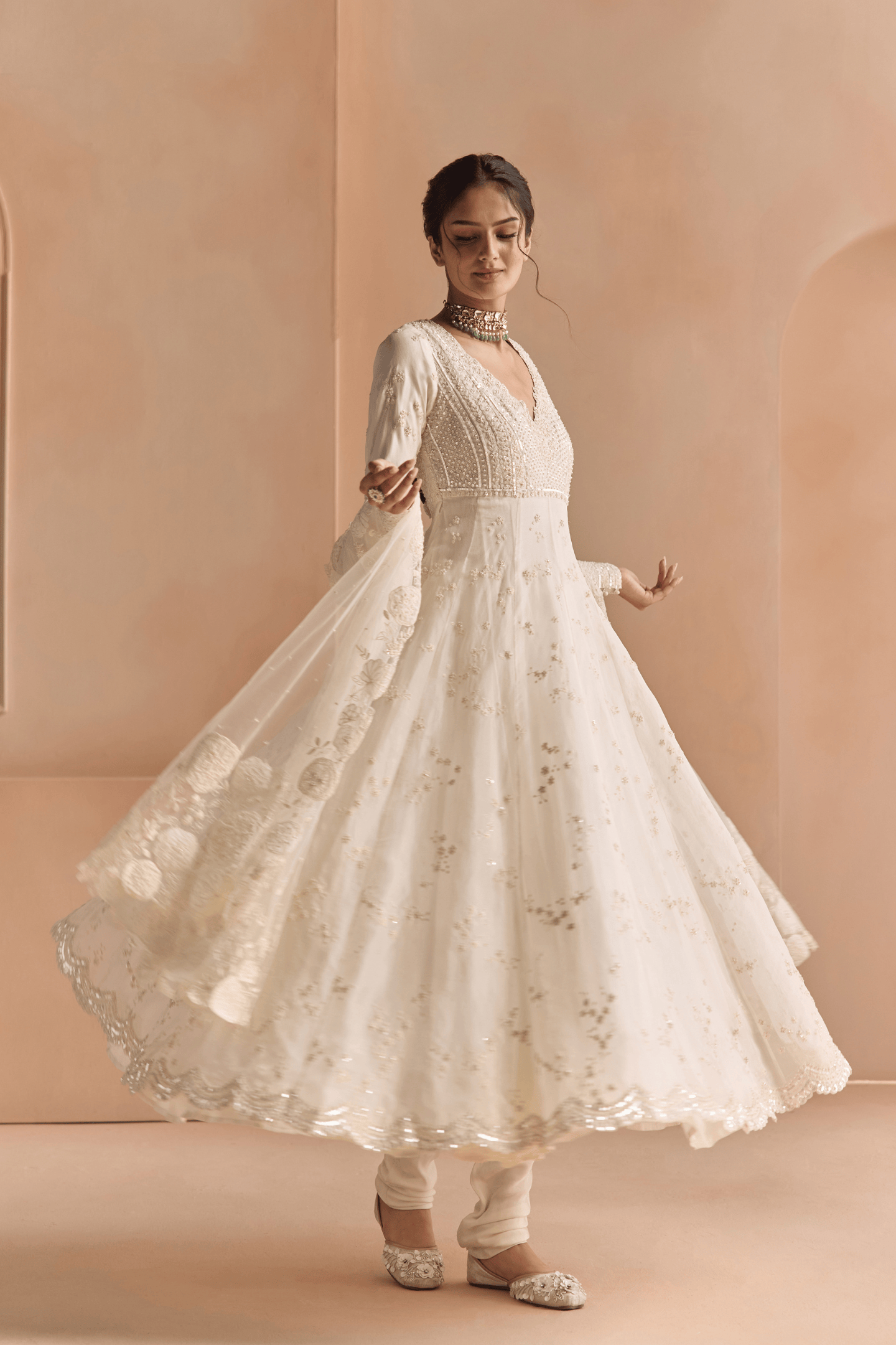 Ivory Thread Embroidered Anarkali Set