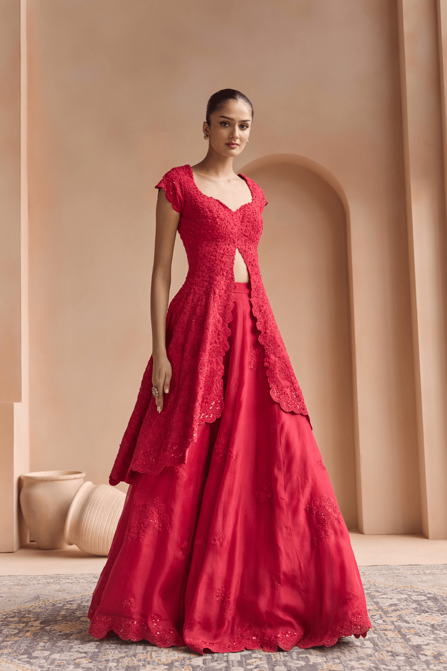 Rosewood Red Embroidered Jacket & Skirt Set