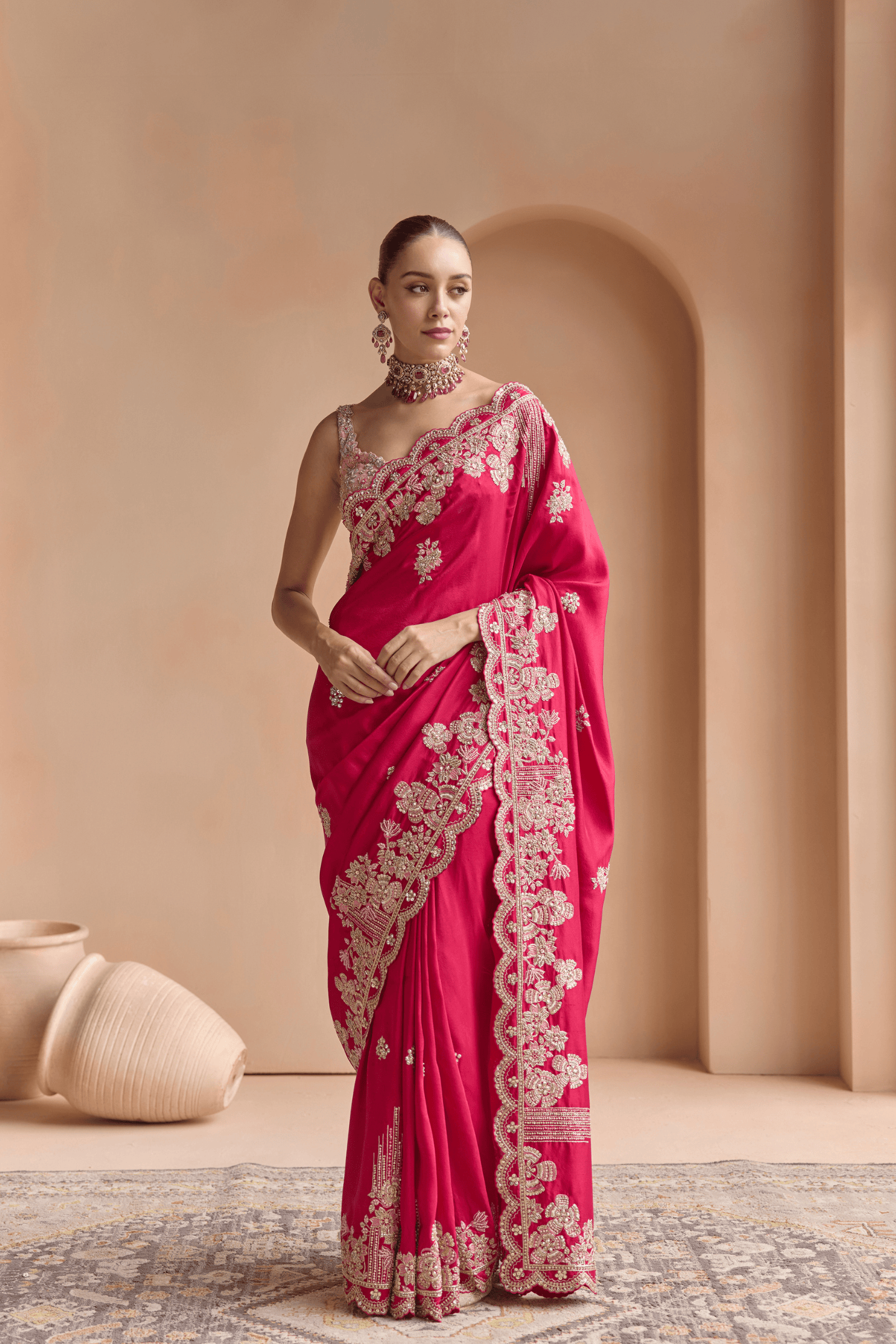 Chilli Red Embroidered Saree Set