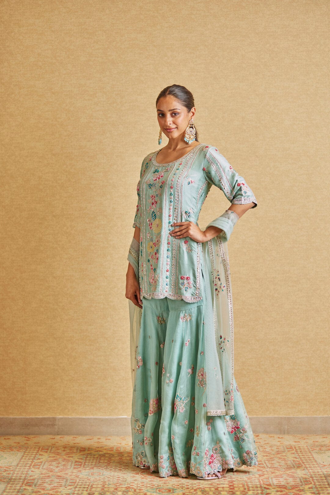 Teal Embroidered Sharara Suit