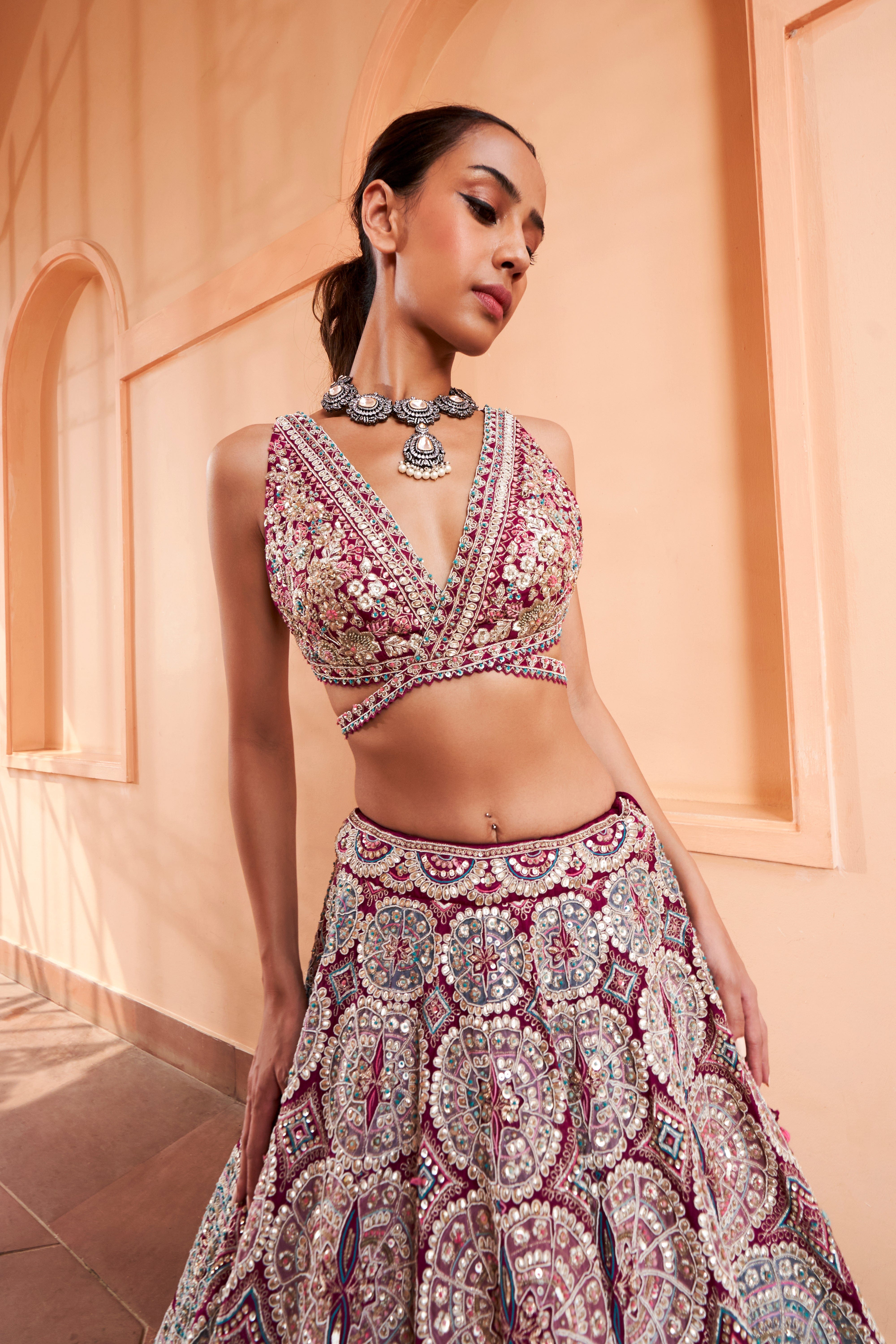 Sangria Plum Embroidered Lehenga Set
