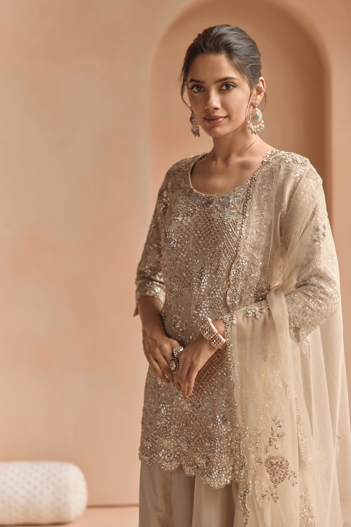 Beige Champage Tissue Sharara Set