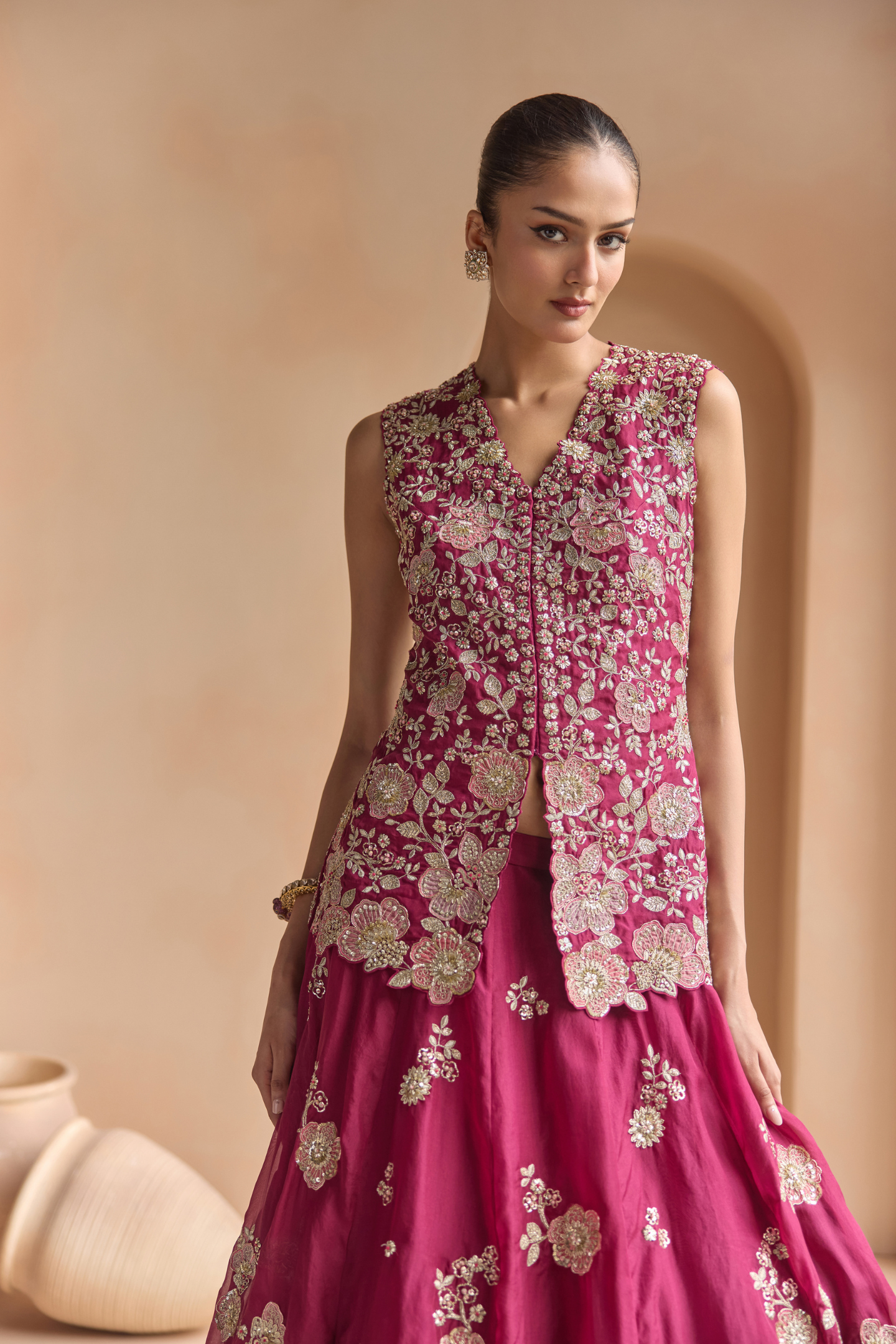 Sangria Plum Embroidered Organza Lehenga Set