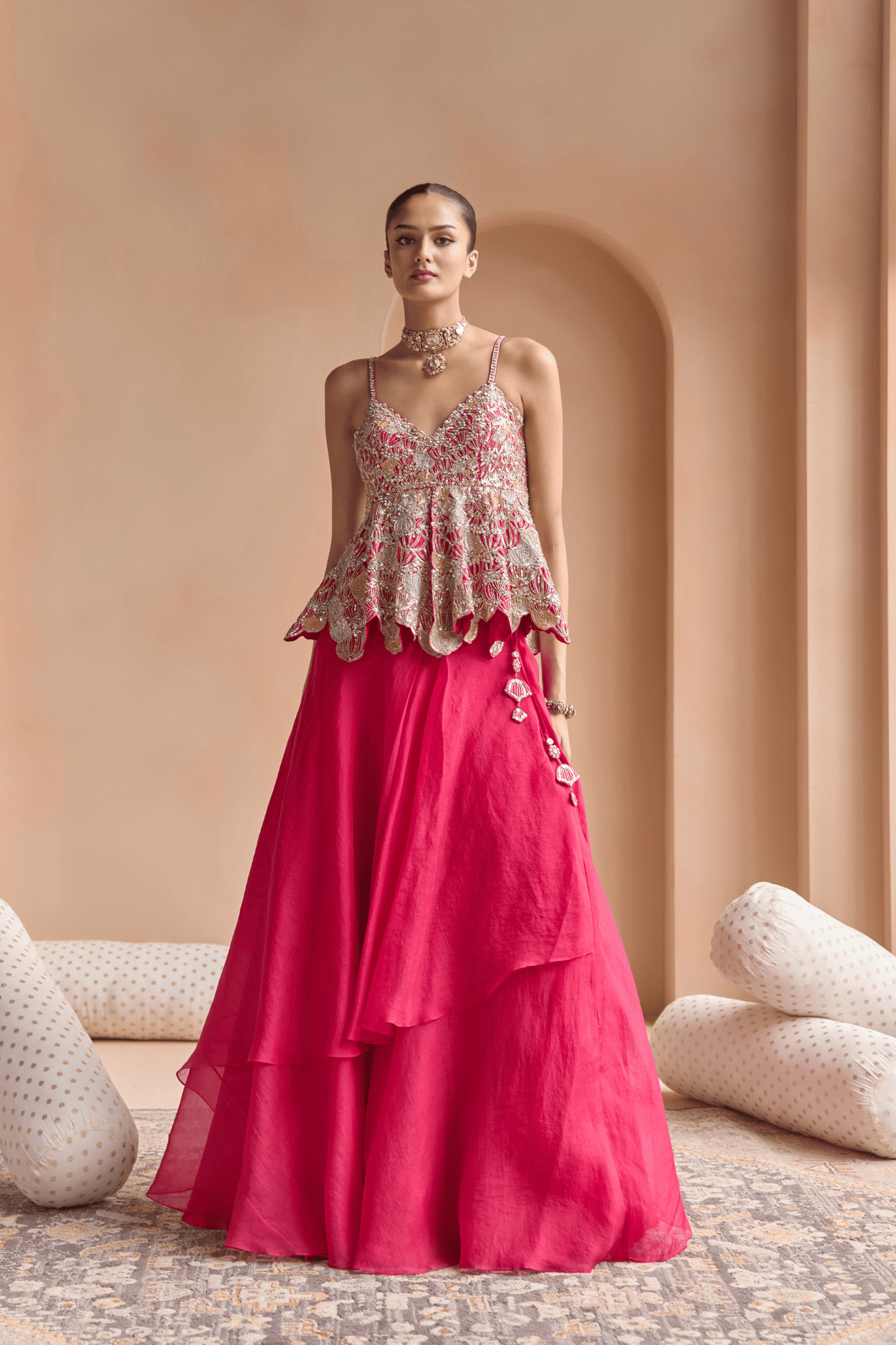 Cut Ruby Embroidered Peplum and Skirt Set