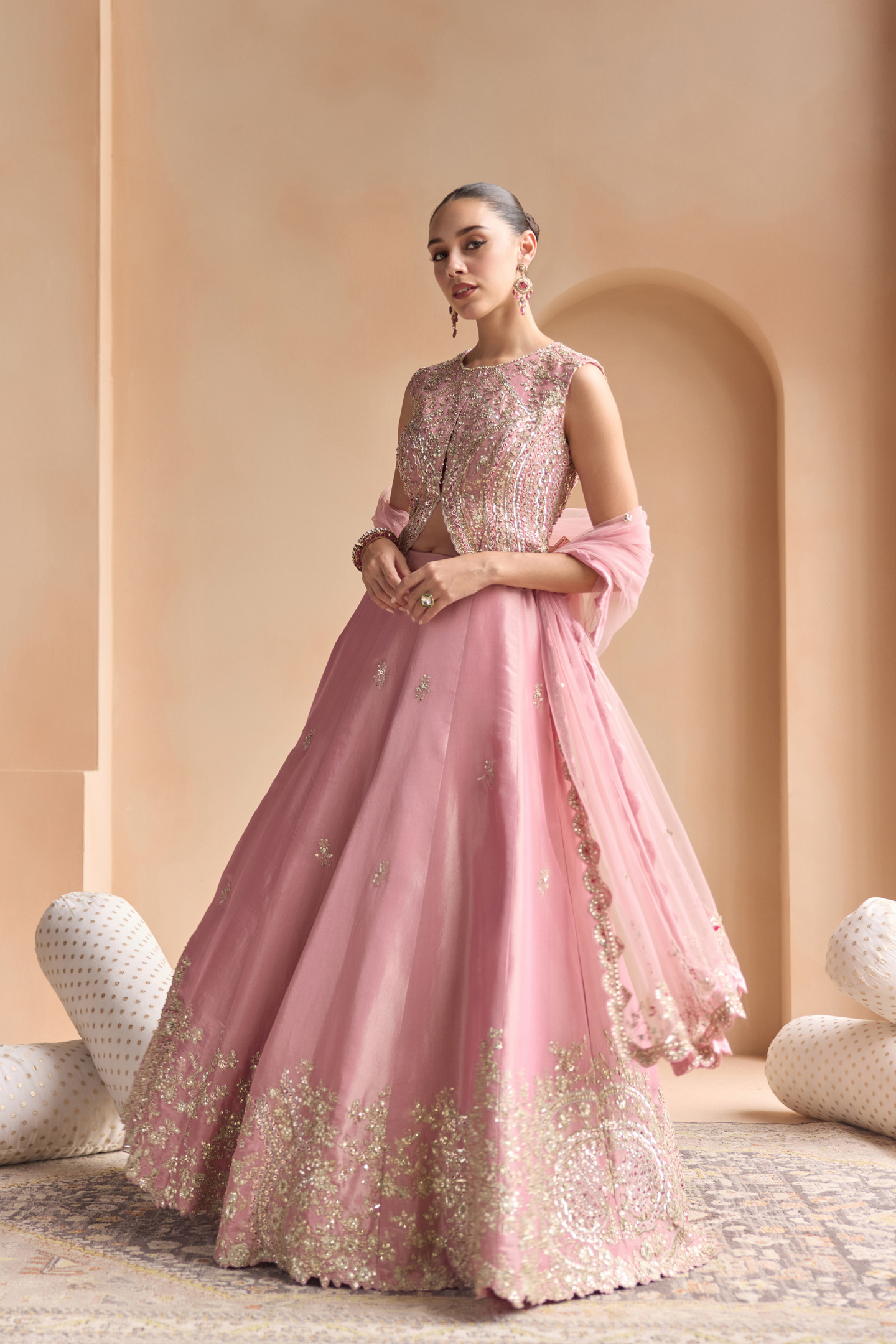 Soft Berry Embroidered Tissue Lehenga Set