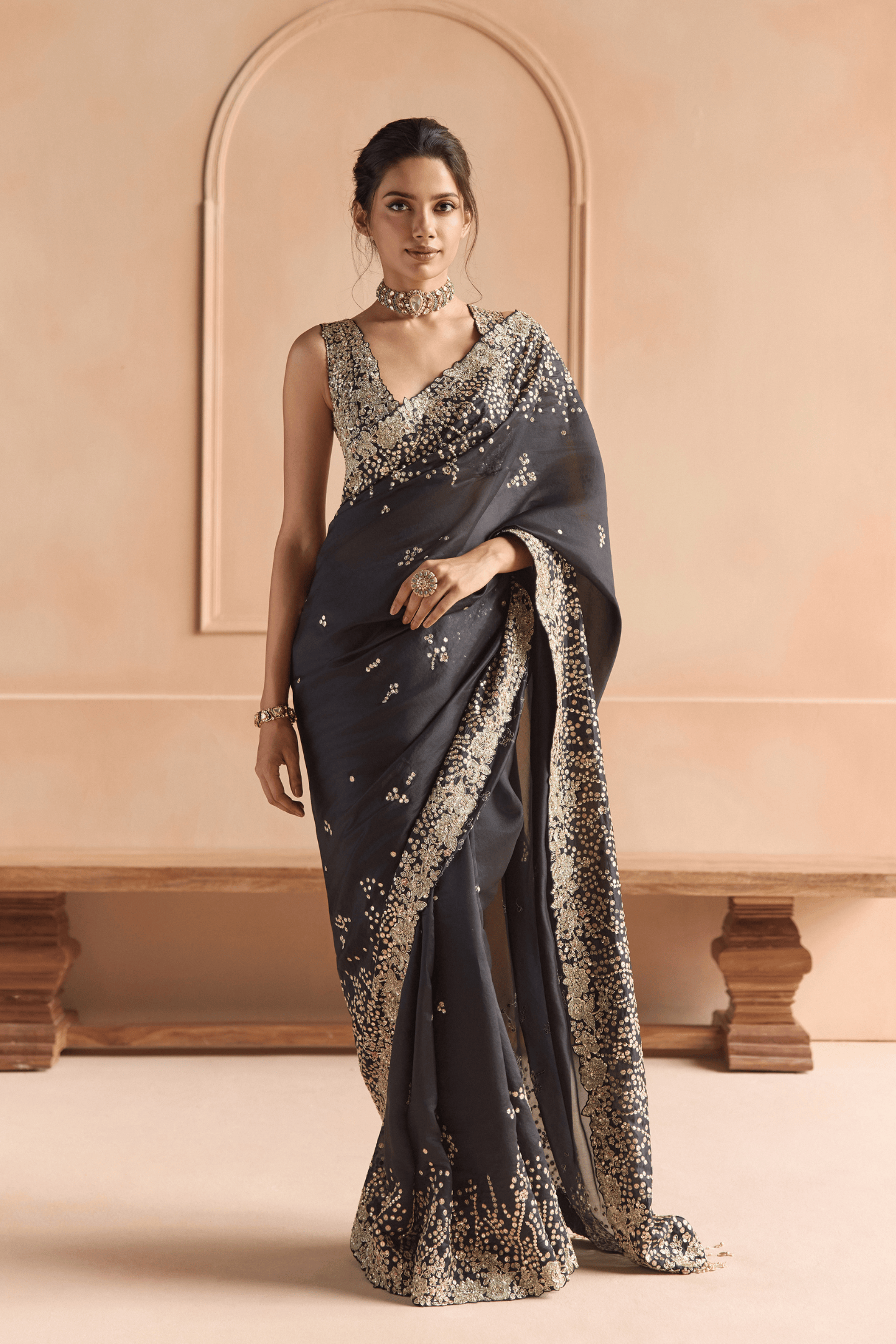 Black Embroidered Saree Set