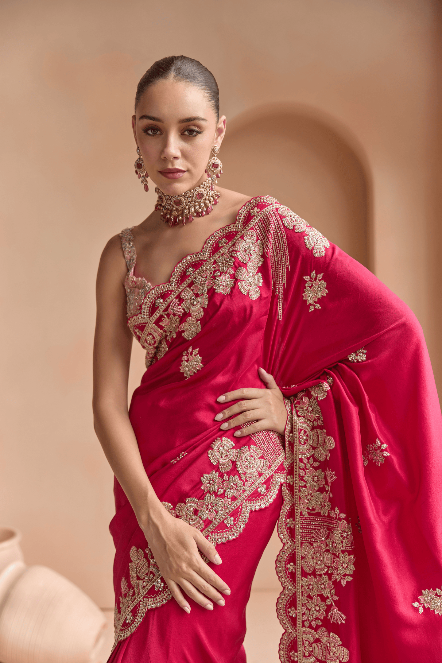 Chilli Red Embroidered Saree Set
