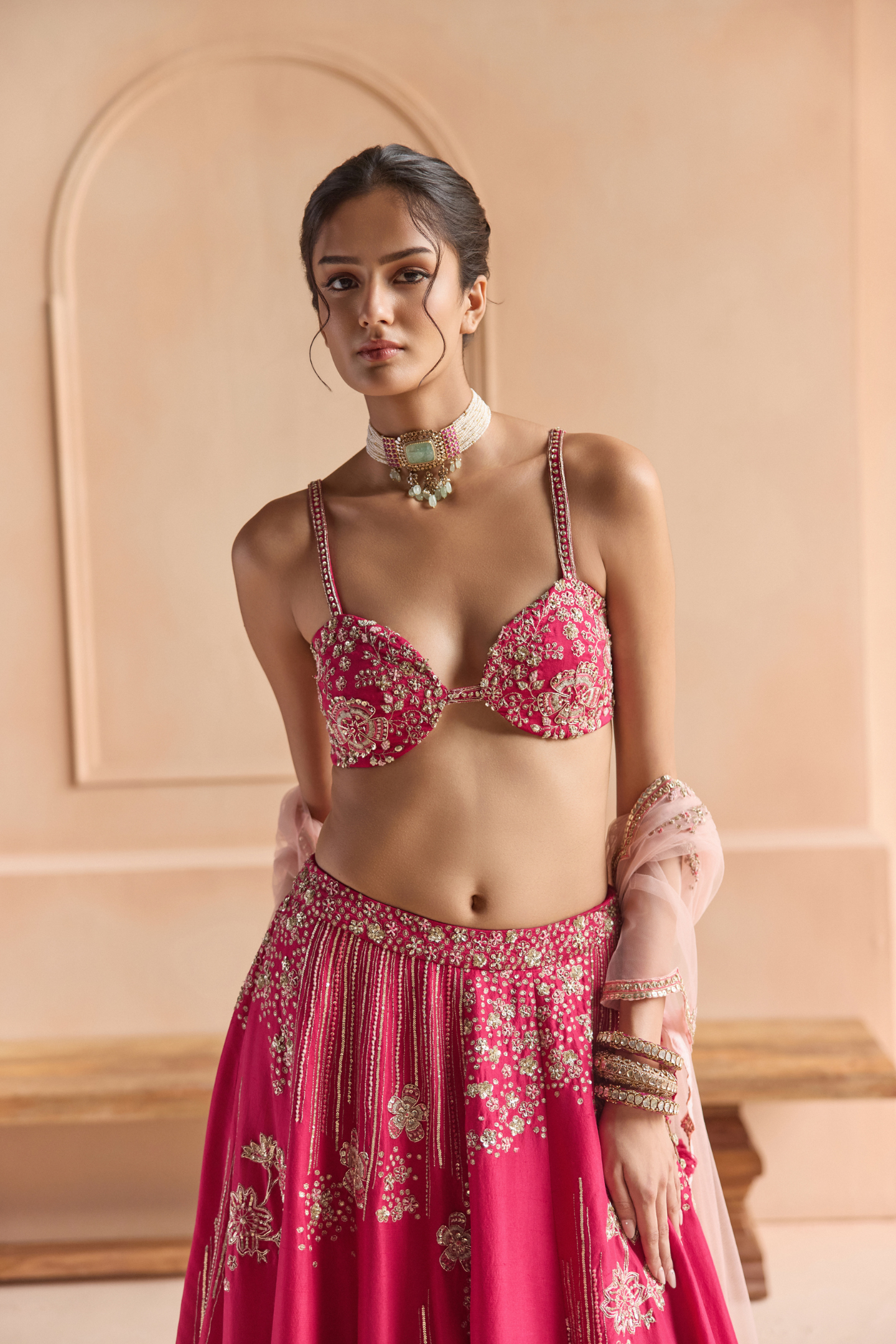 Cut Ruby Embroidered Mulberry Lehenga Set