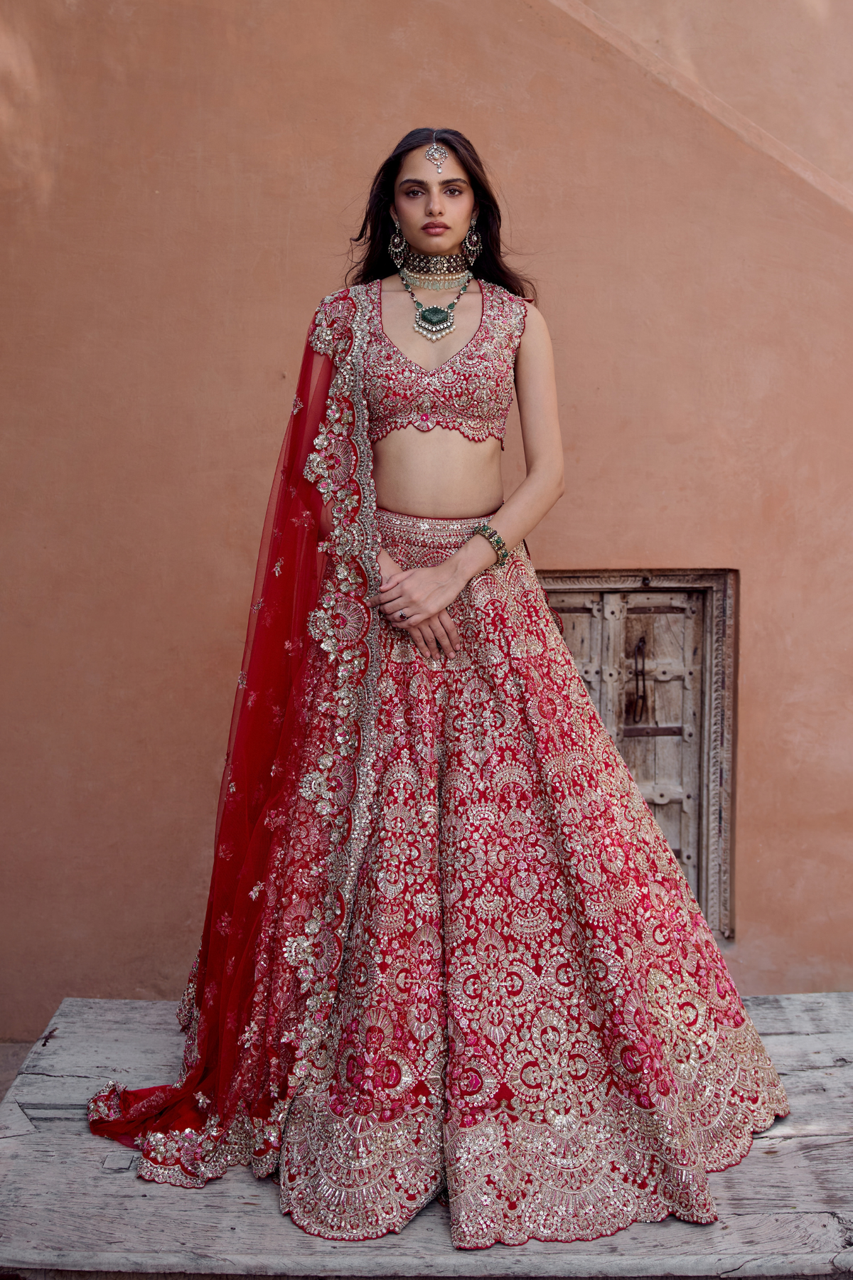 Rosewood Red Embroidered Bridal Lehenga Set
