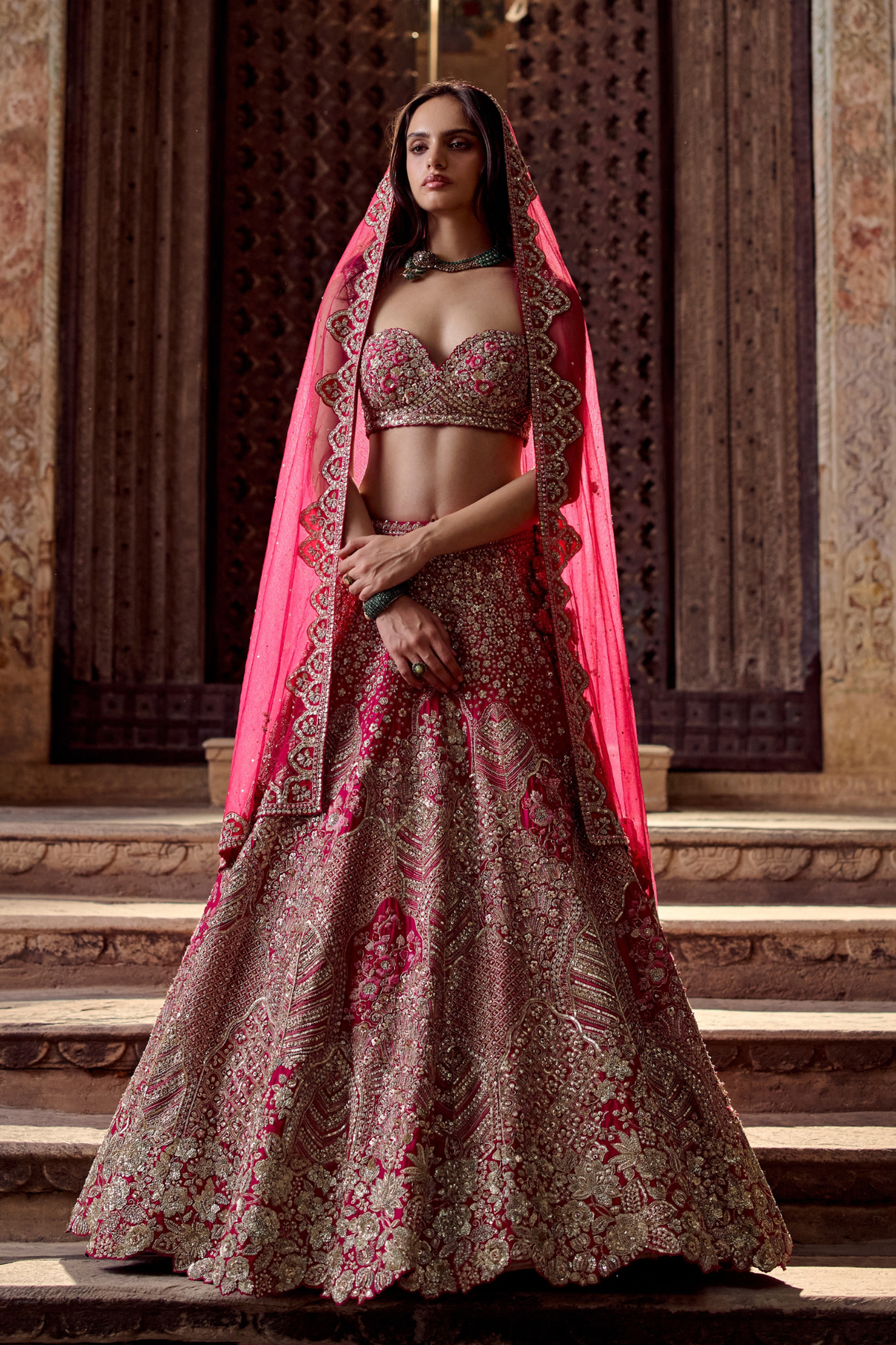 Dark Fuchsia Embroidered Bridal Lehenga Set
