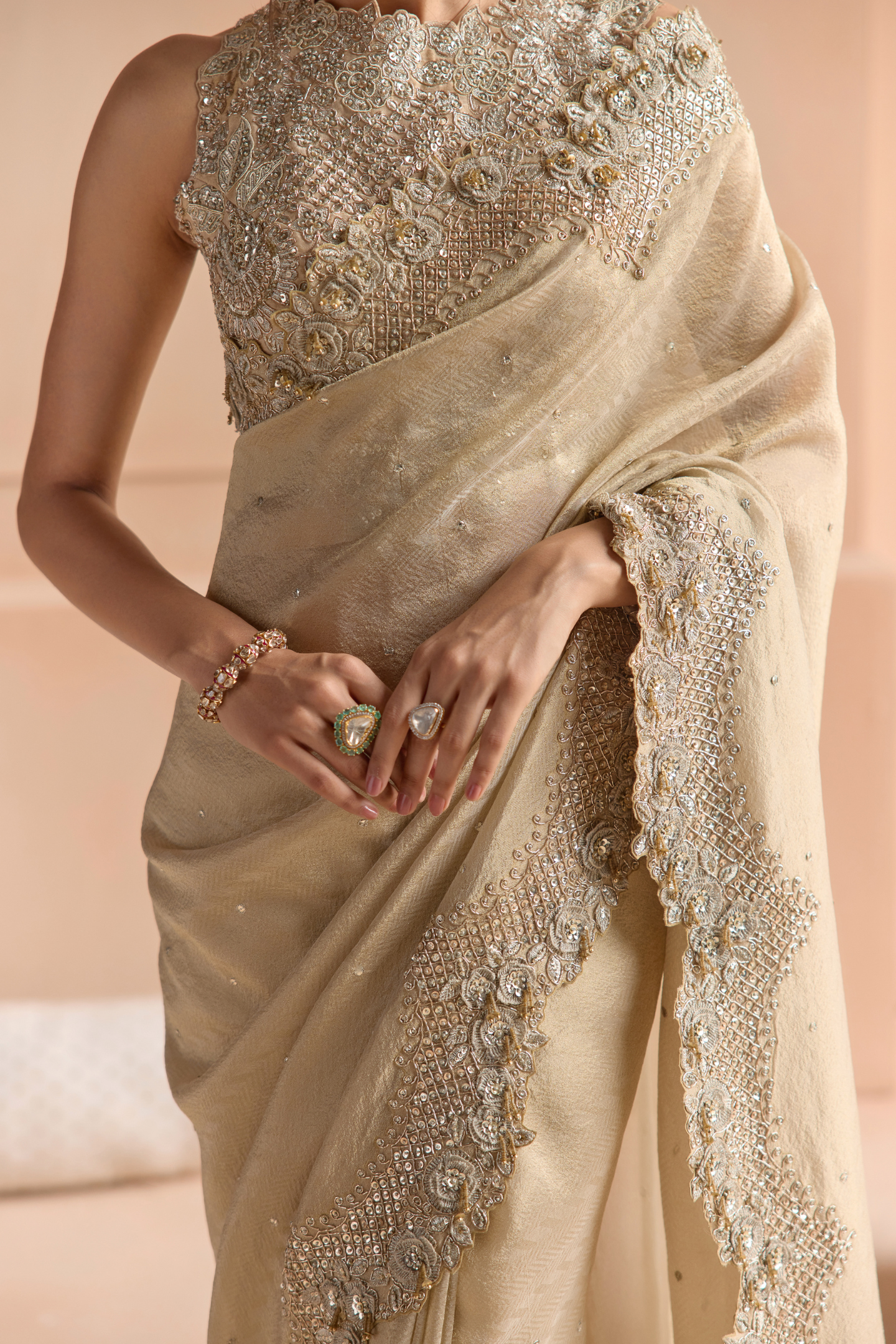 Beige Champagne Tissue Saree Set