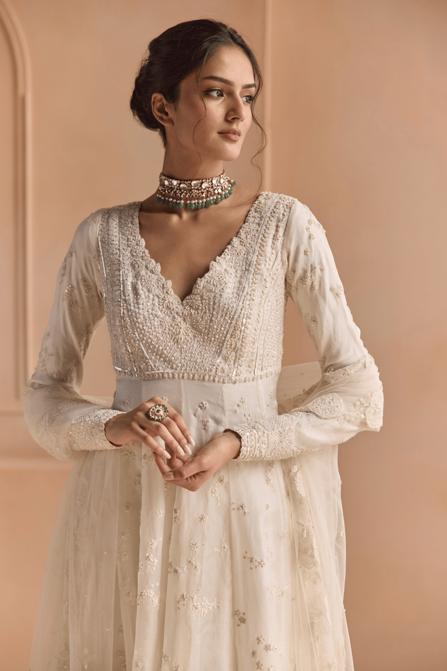 Ivory Thread Embroidered Anarkali Set