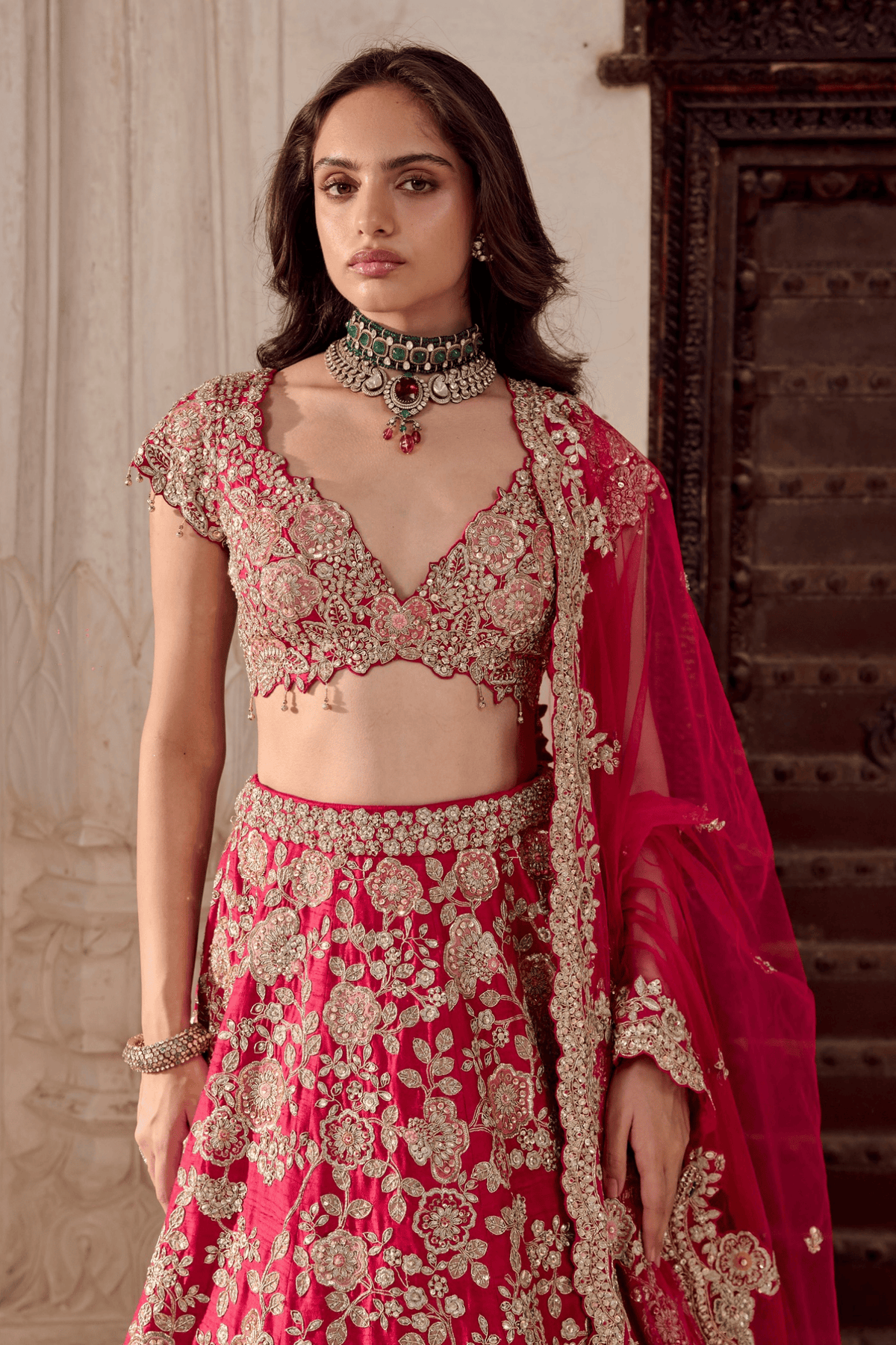 Ruby Pink Embroidered Bridal Lehenga Set