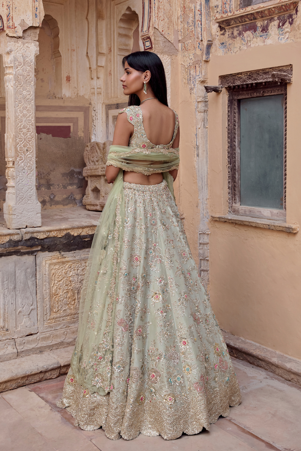 Sage Tissue Embroidered Lehenga Set