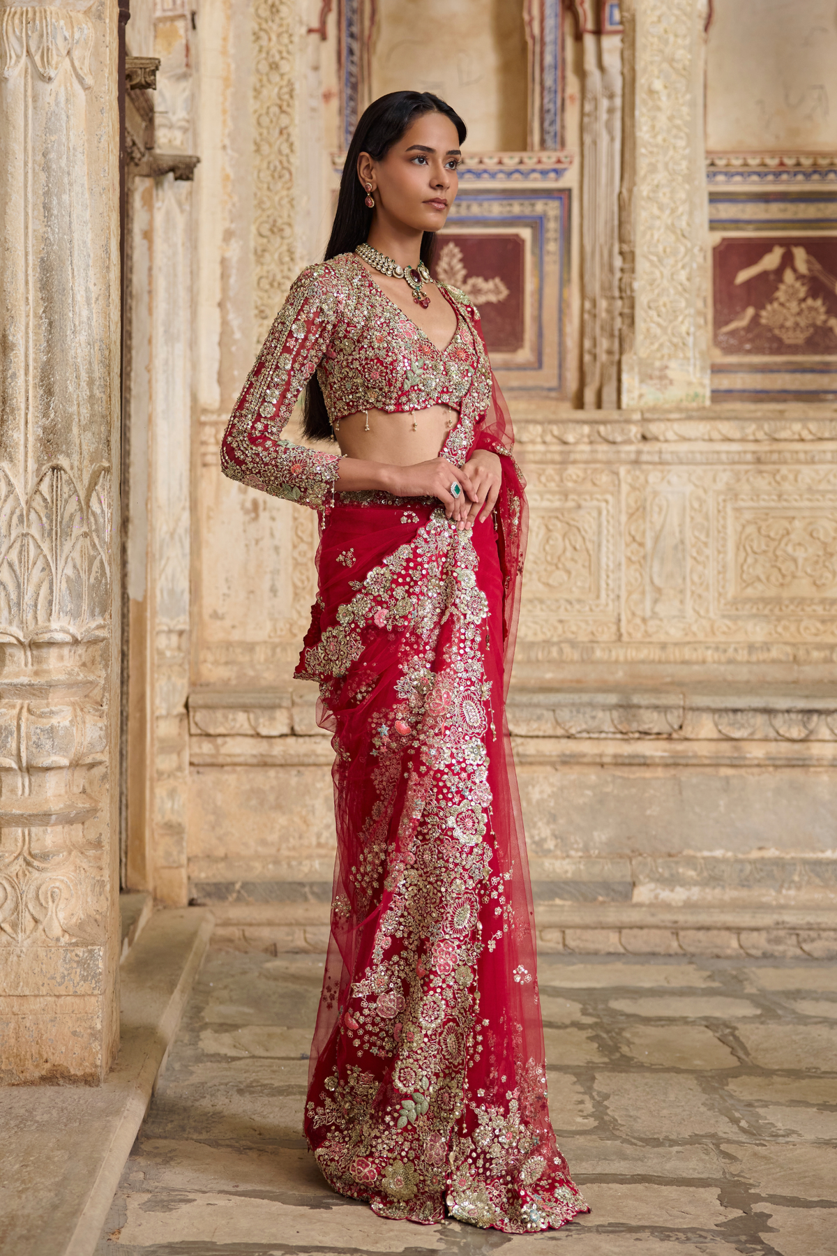Deep Berry Embroidered Saree Set