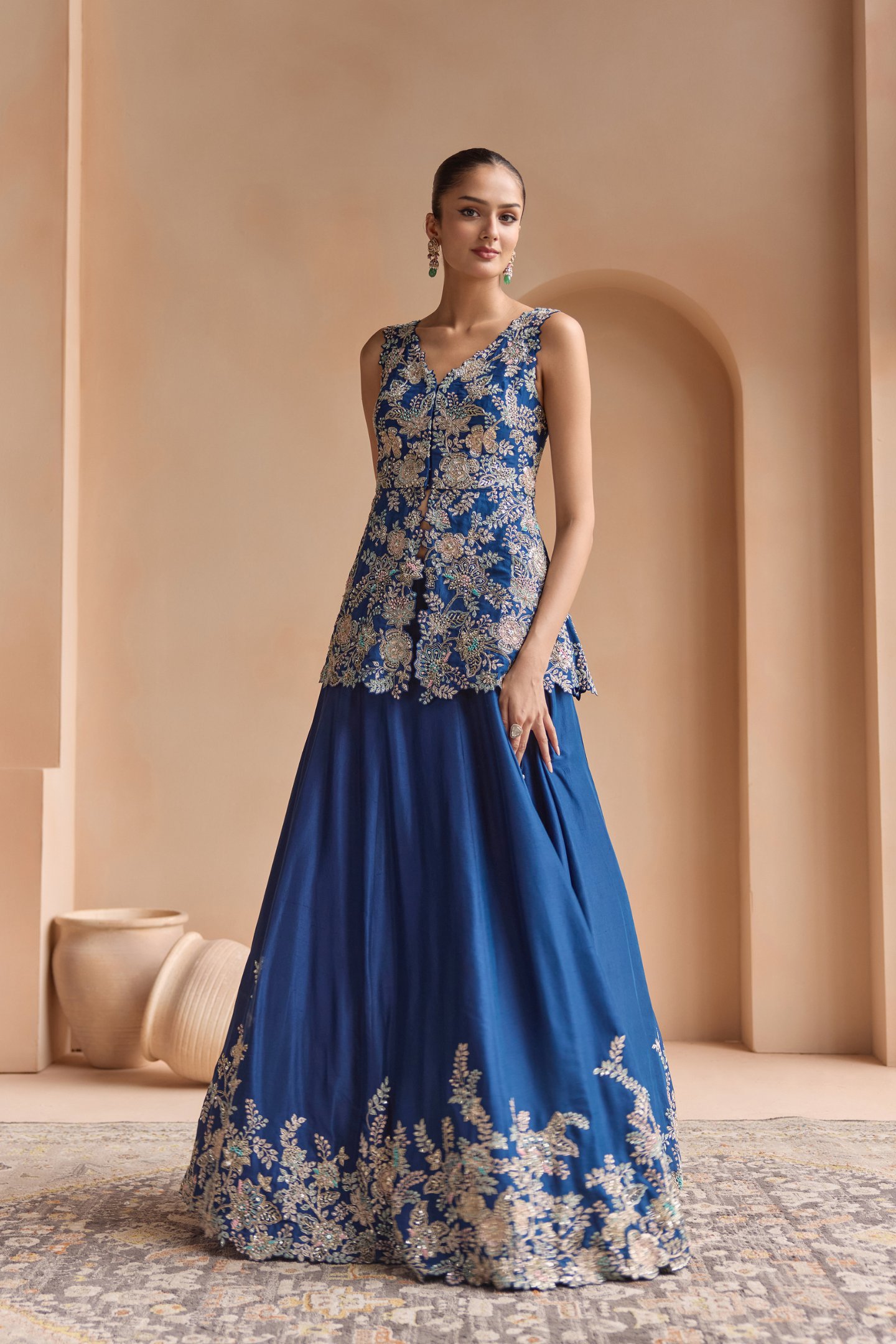 French Navy Embroidered Peplum Lehenga Set