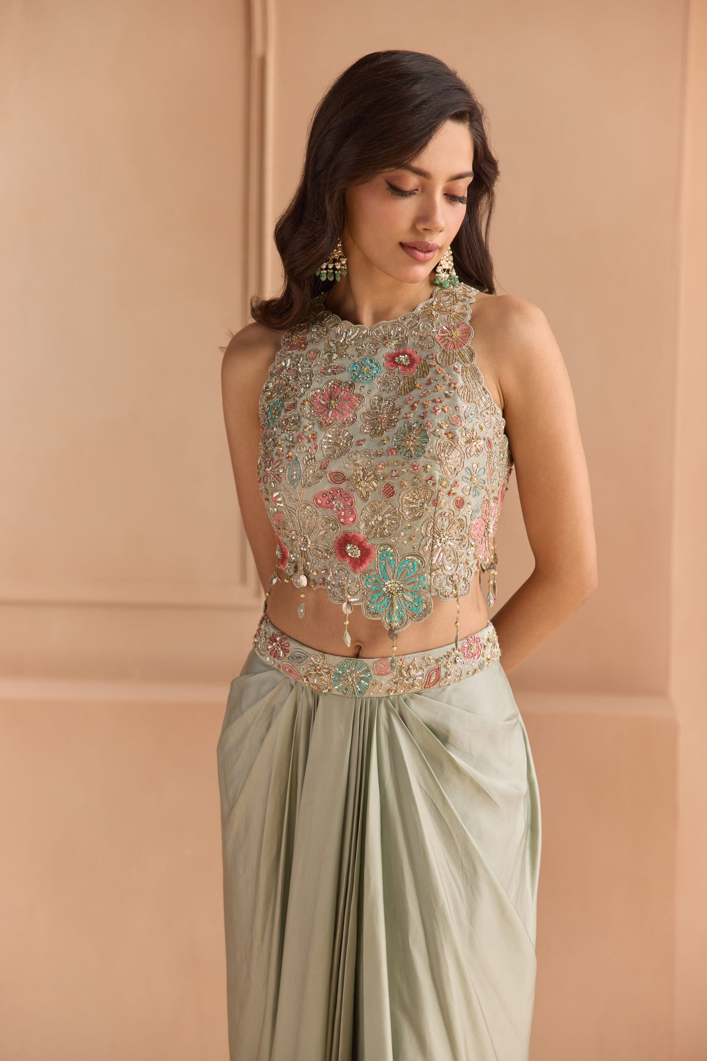 Mist Blue Embroidered Top & Skirt Set