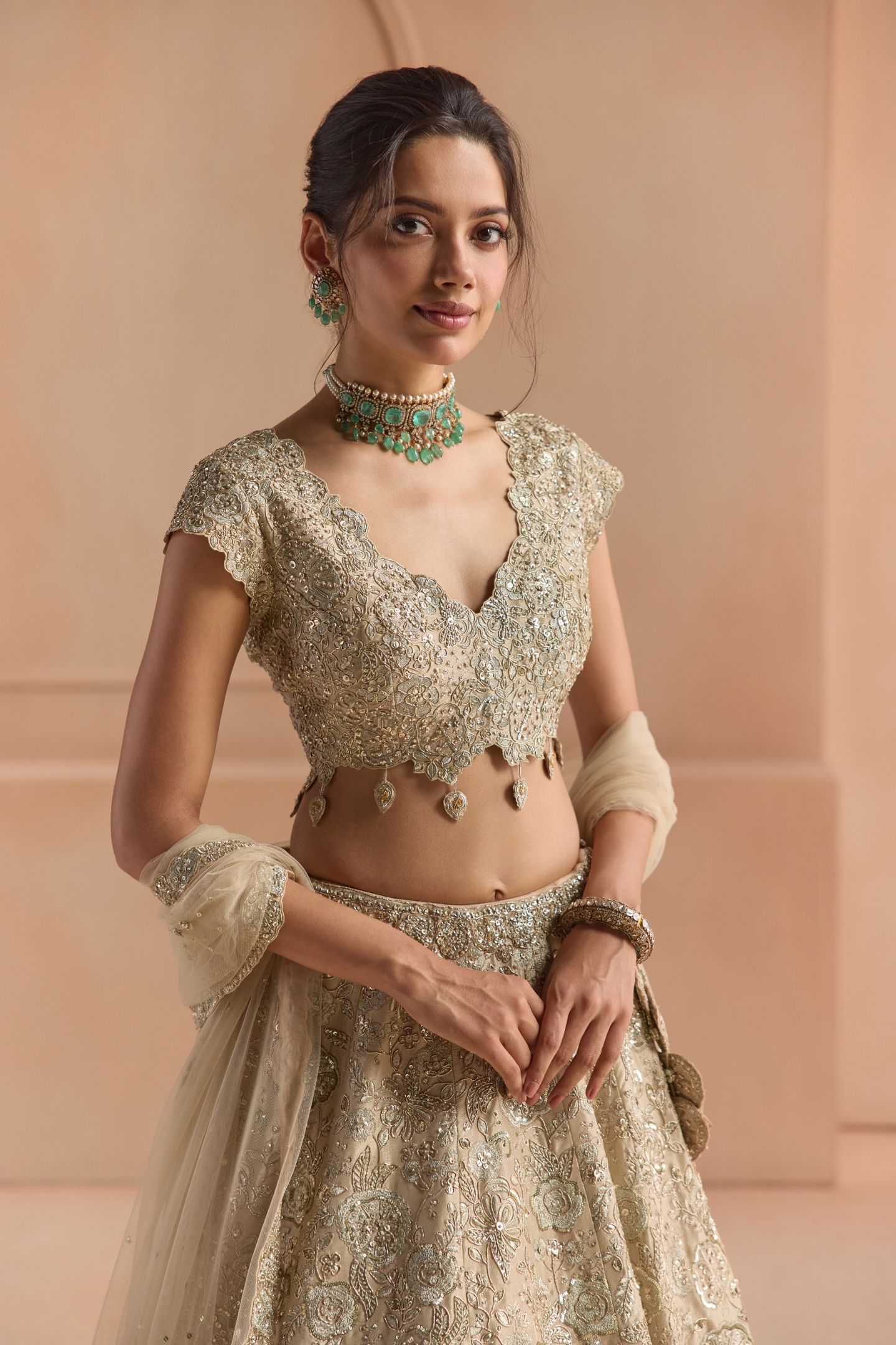 Beige Champagne Tissue Silk Lehenga Set