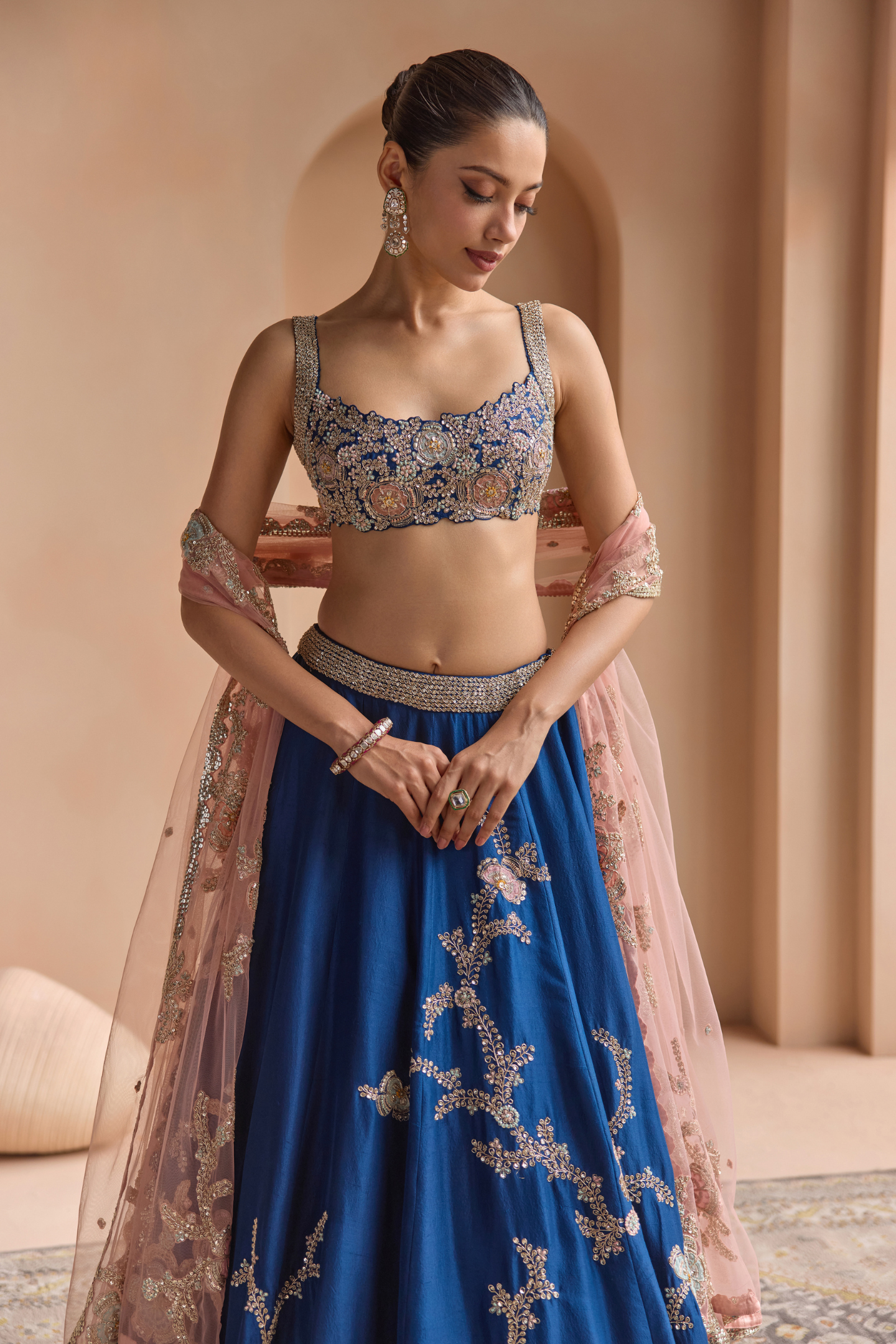 French Navy Embroidered Lehenga Set
