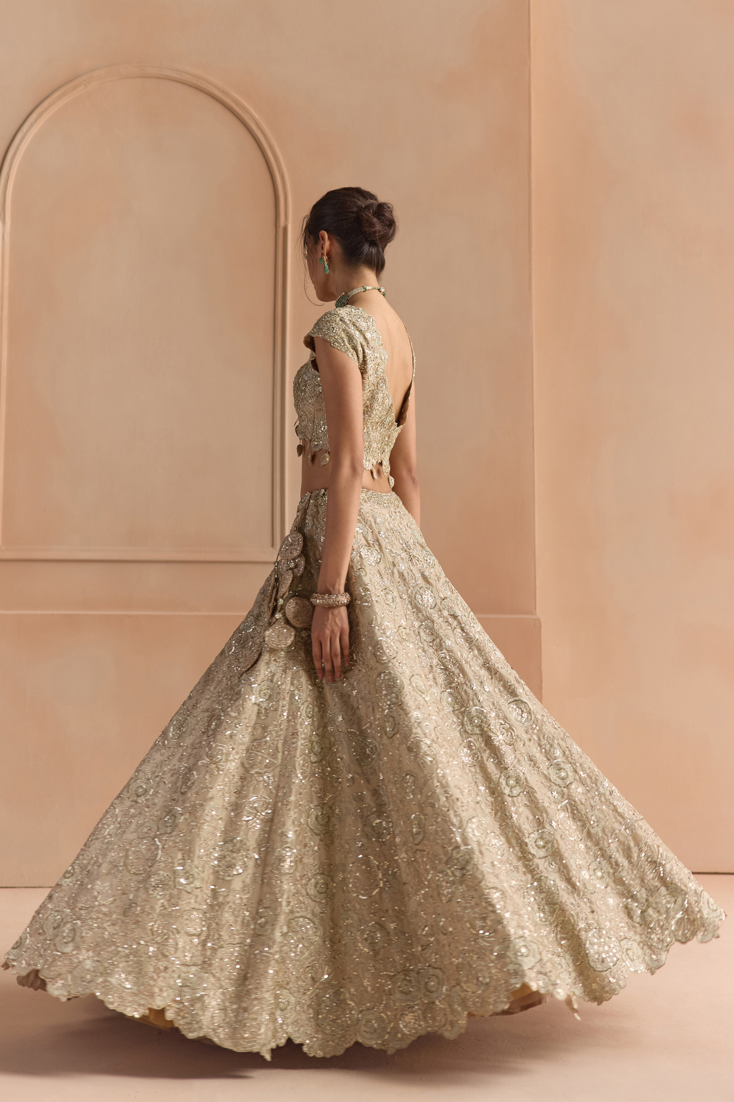Beige Champagne Tissue Silk Lehenga Set
