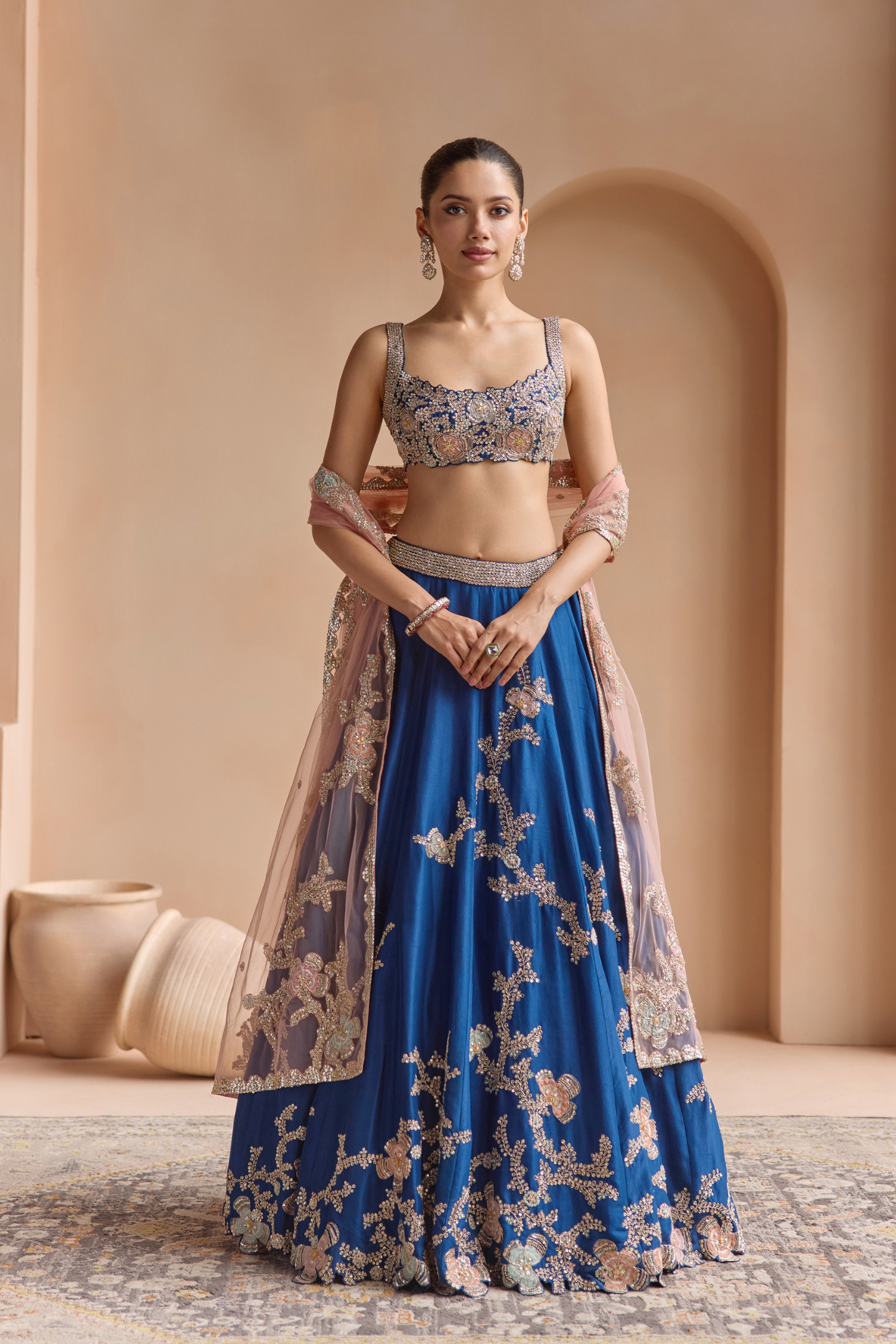 French Navy Embroidered Lehenga Set