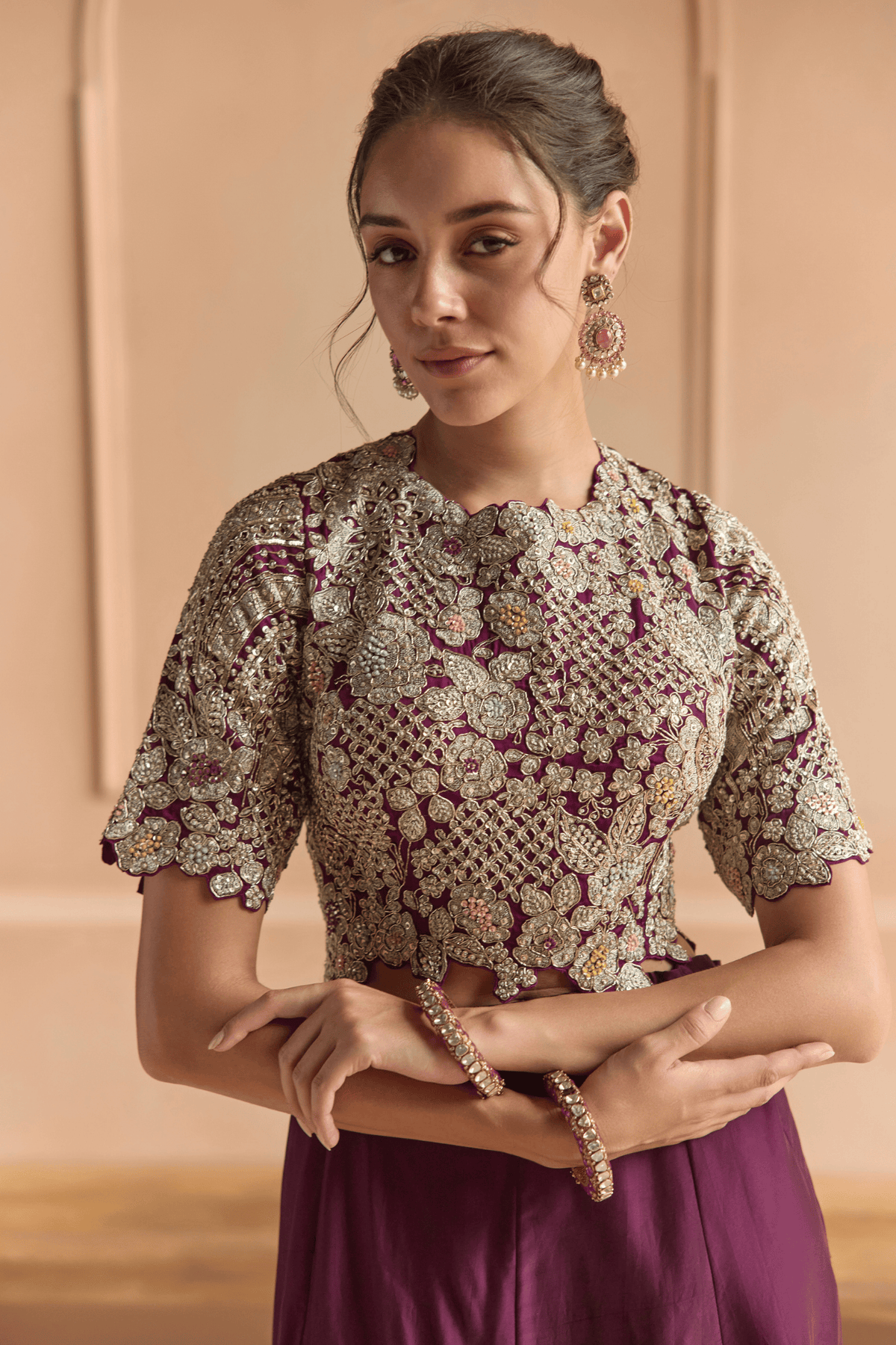 Aubergine Embroidered Top & Skirt Set