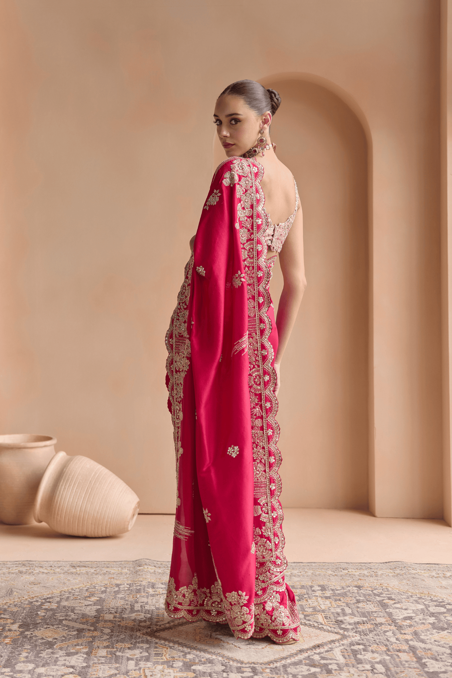 Chilli Red Embroidered Saree Set