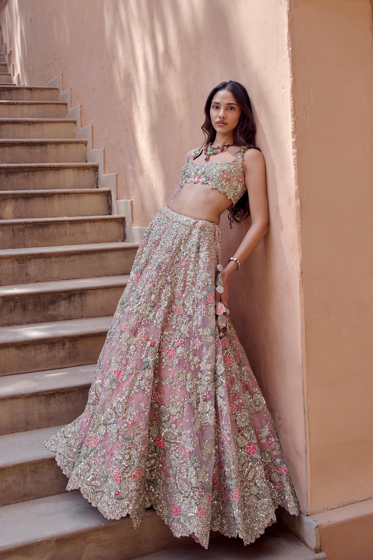 Oyster Pink Embroidered Lehenga Set