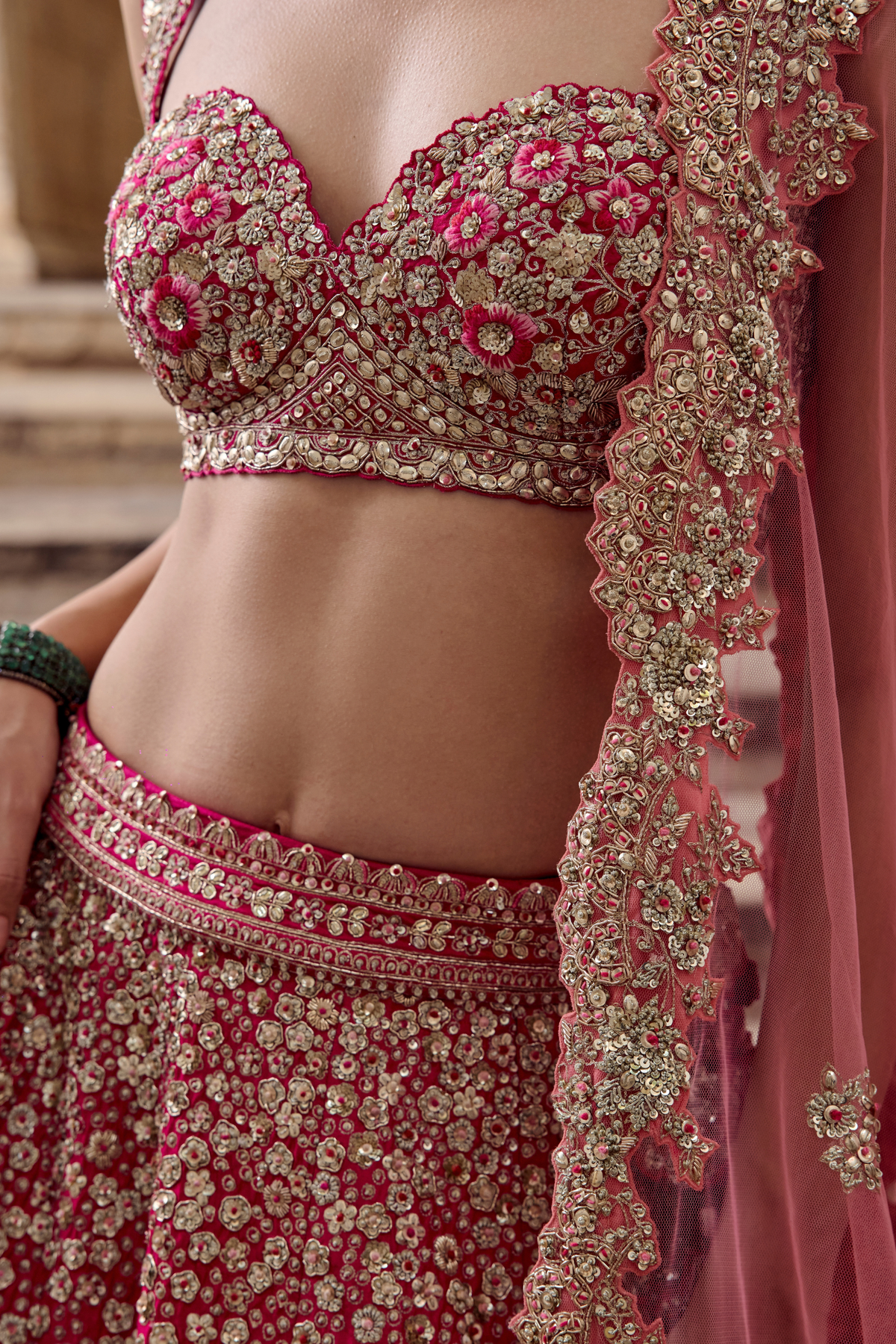 Dark Fuchsia Embroidered Bridal Lehenga Set