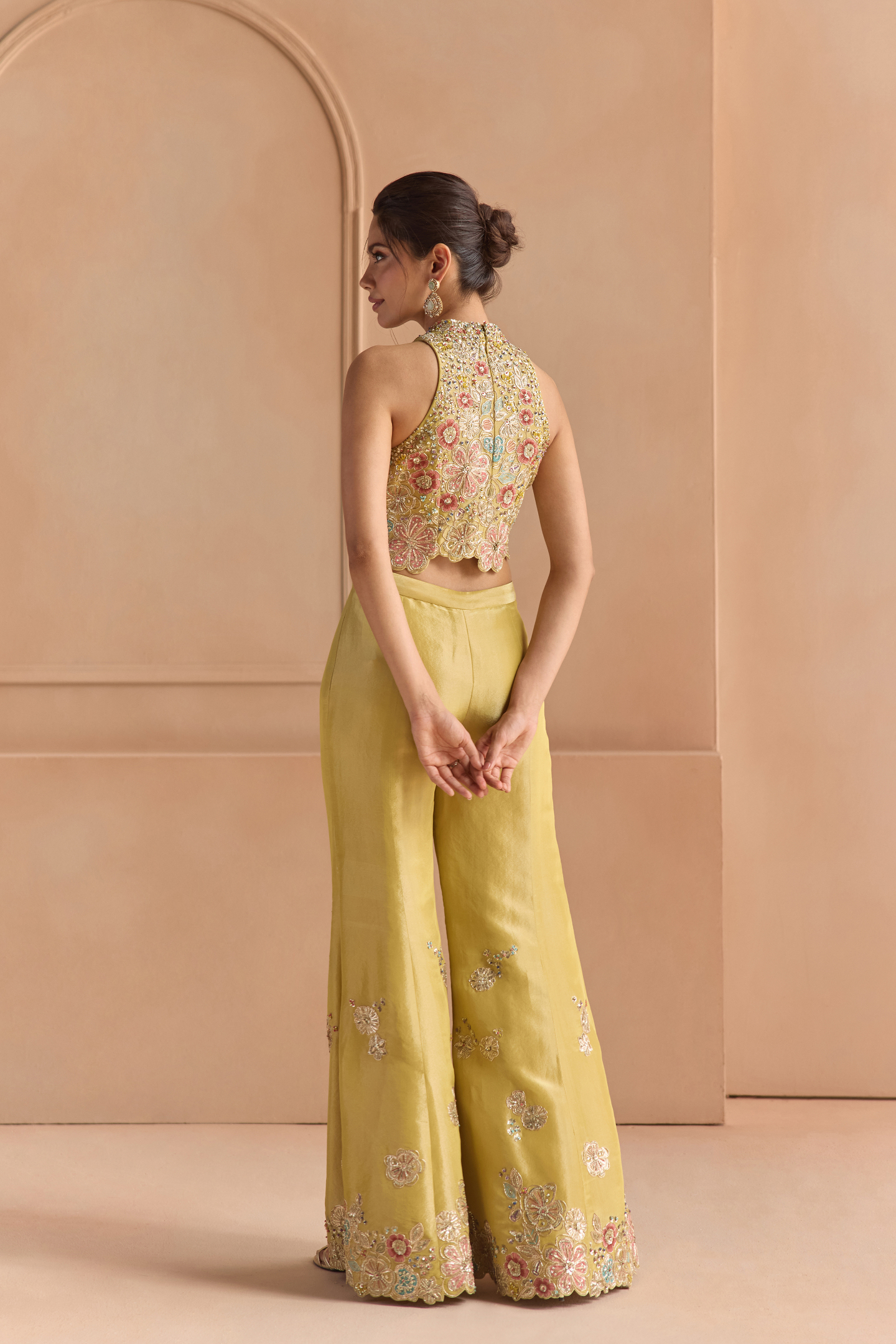 Butter Yellow Embroidered Top & Flare Pants Set