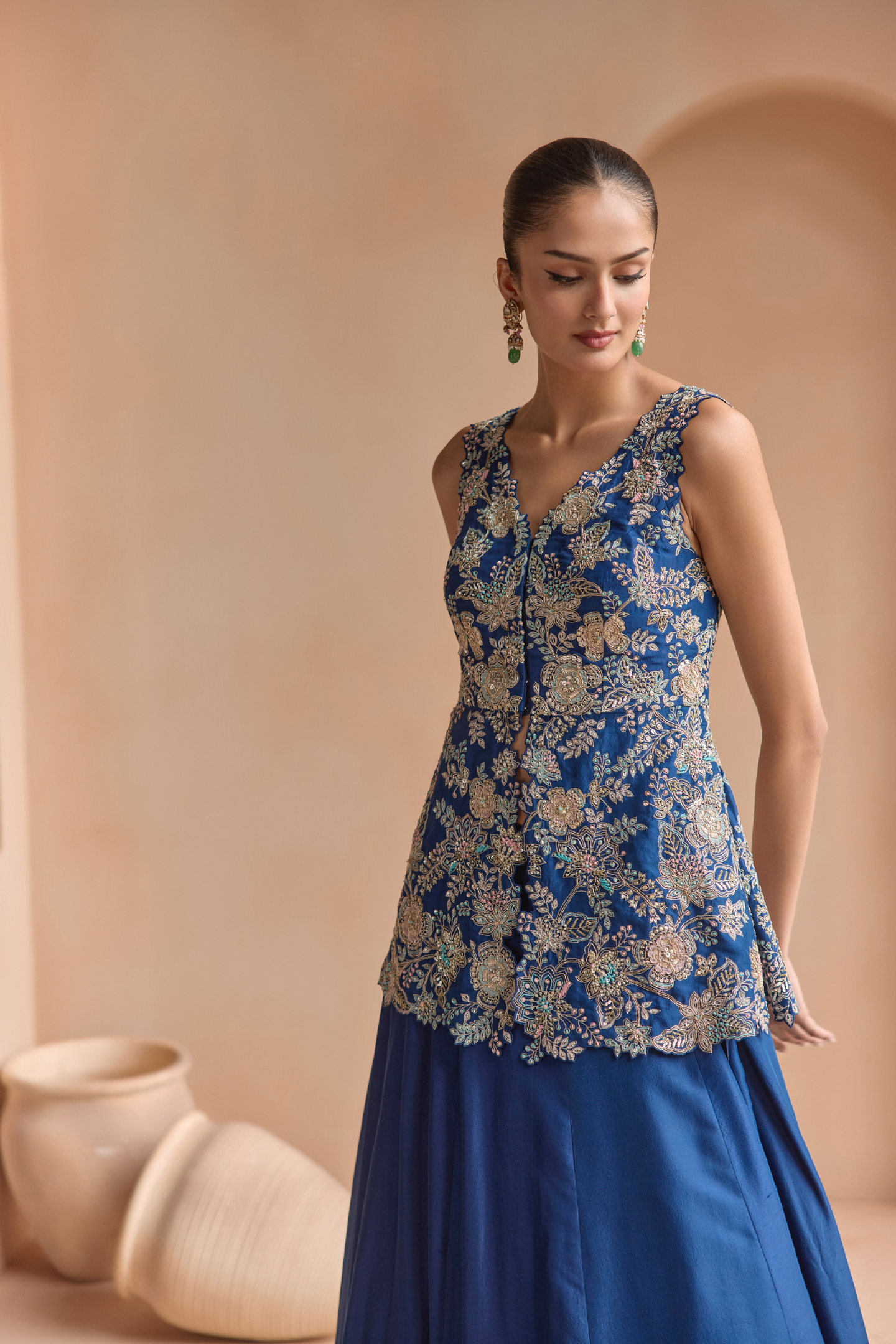 French Navy Embroidered Peplum Lehenga Set