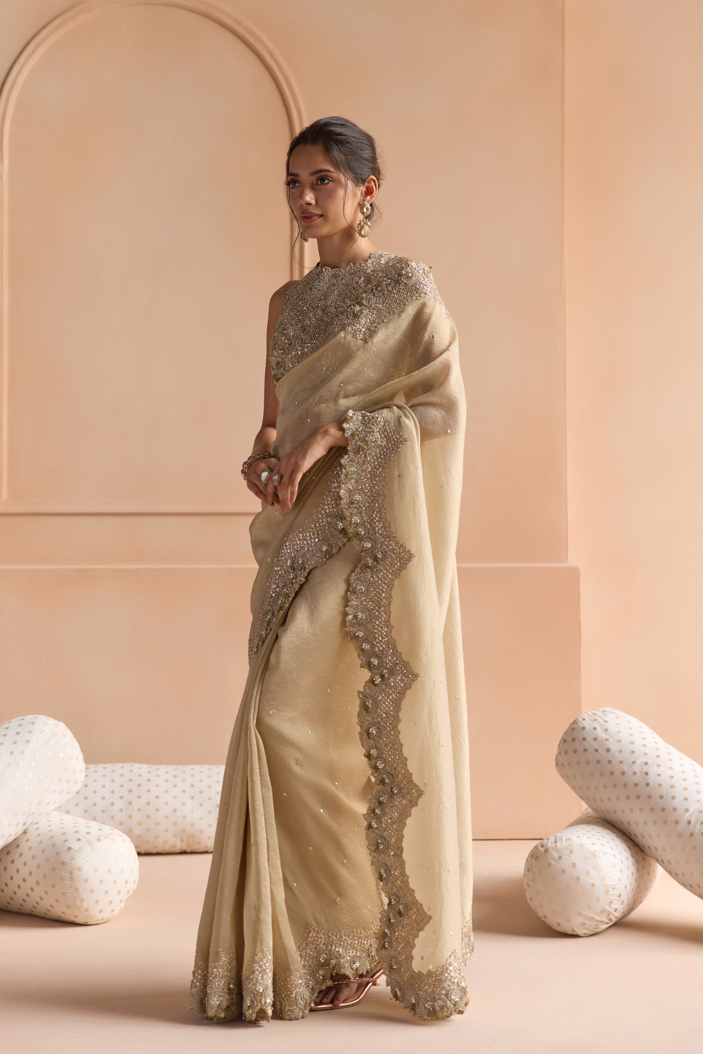 Beige Champagne Tissue Saree Set