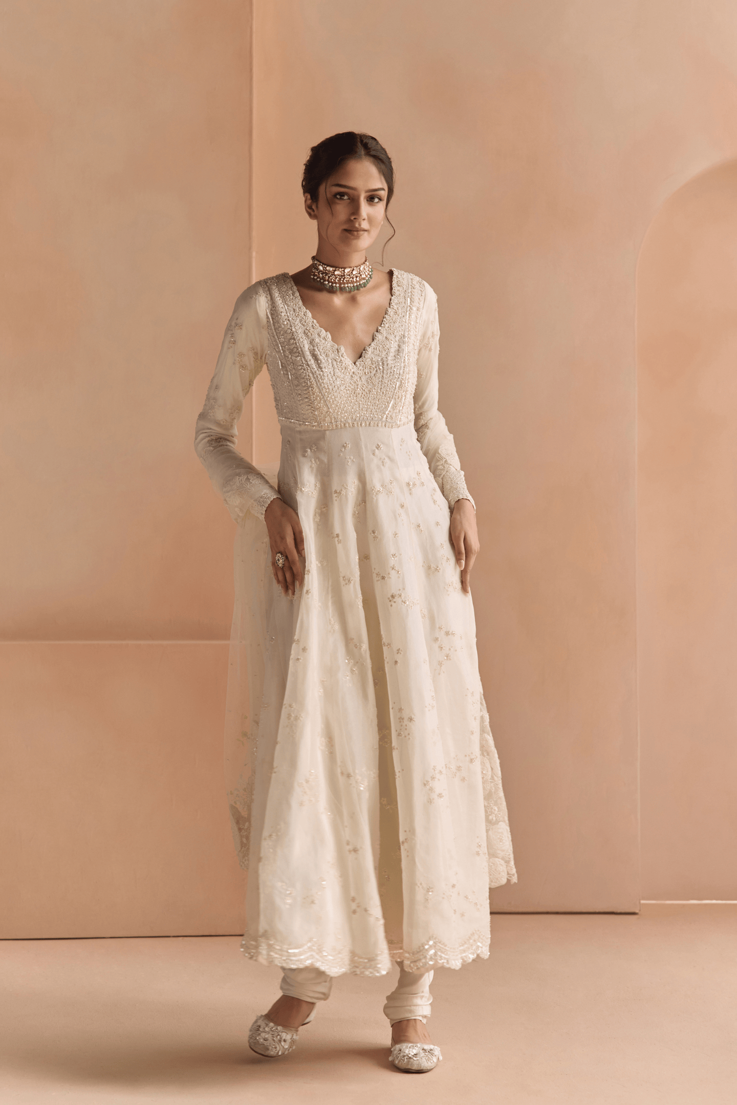 Ivory Thread Embroidered Anarkali Set