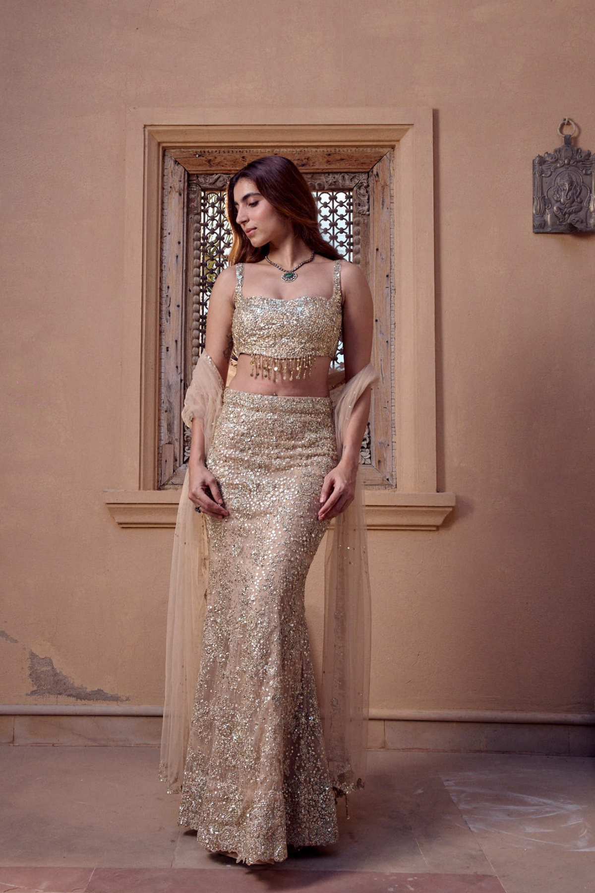 Beige Champagne Floral Lehenga Set