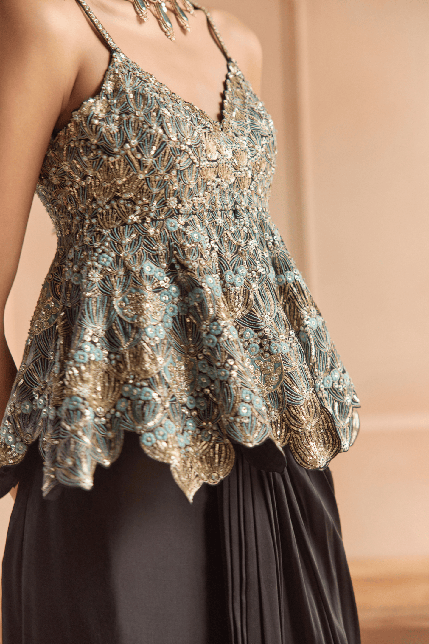 Black Embroidered Peplum Set