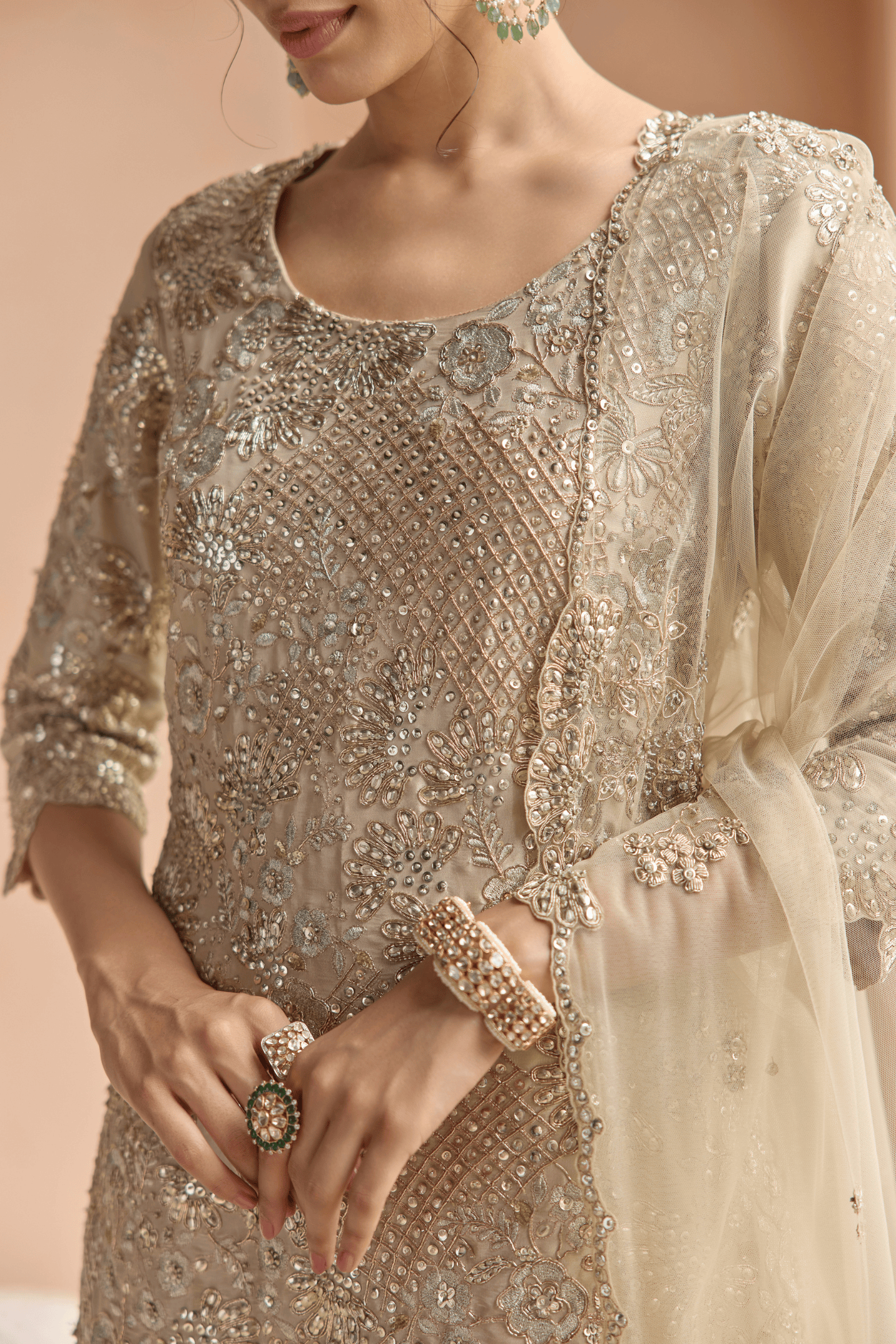 Beige Champage Tissue Sharara Set