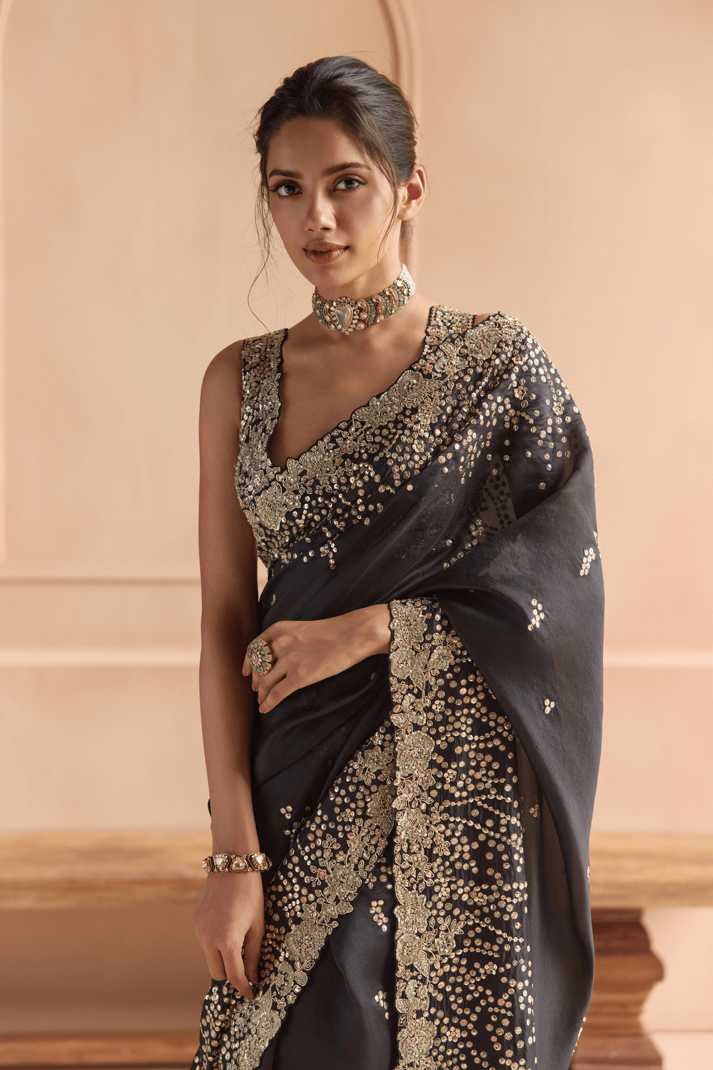 Black Embroidered Saree Set