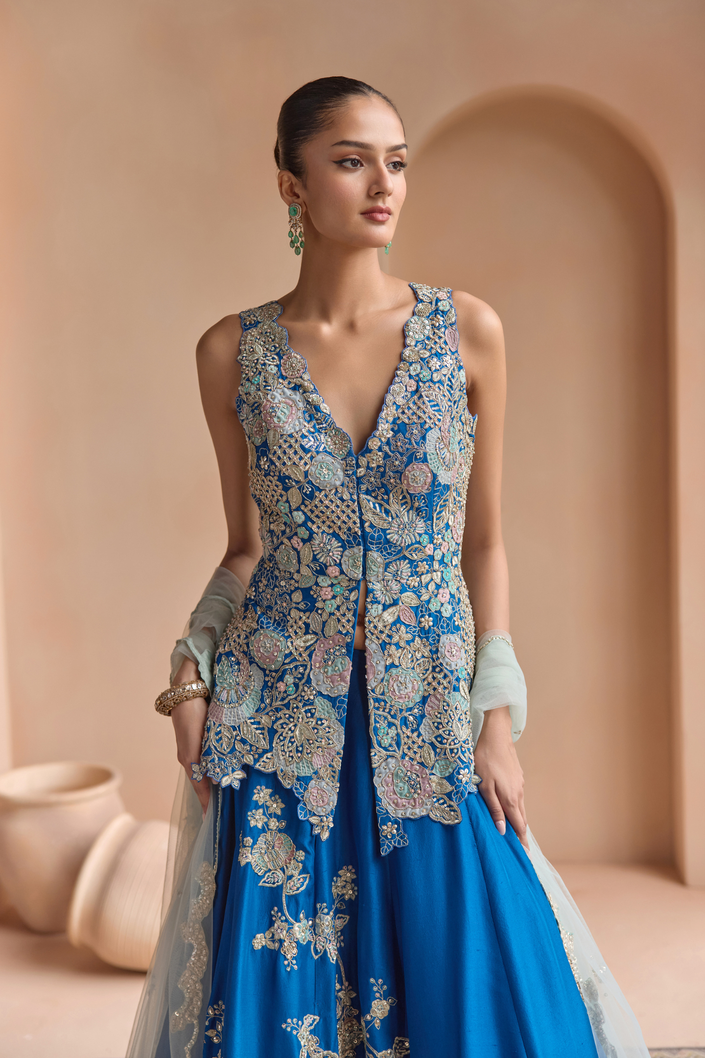 Jade Blue Embroidered Peplum Lehenga Set