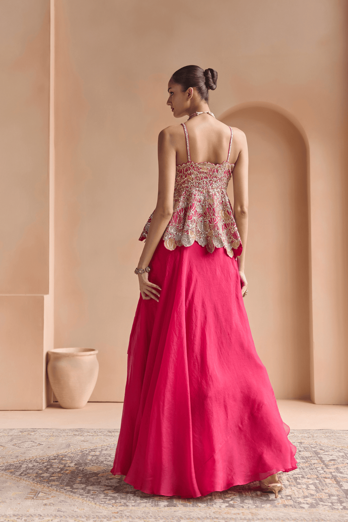 Cut Ruby Embroidered Peplum and Skirt Set