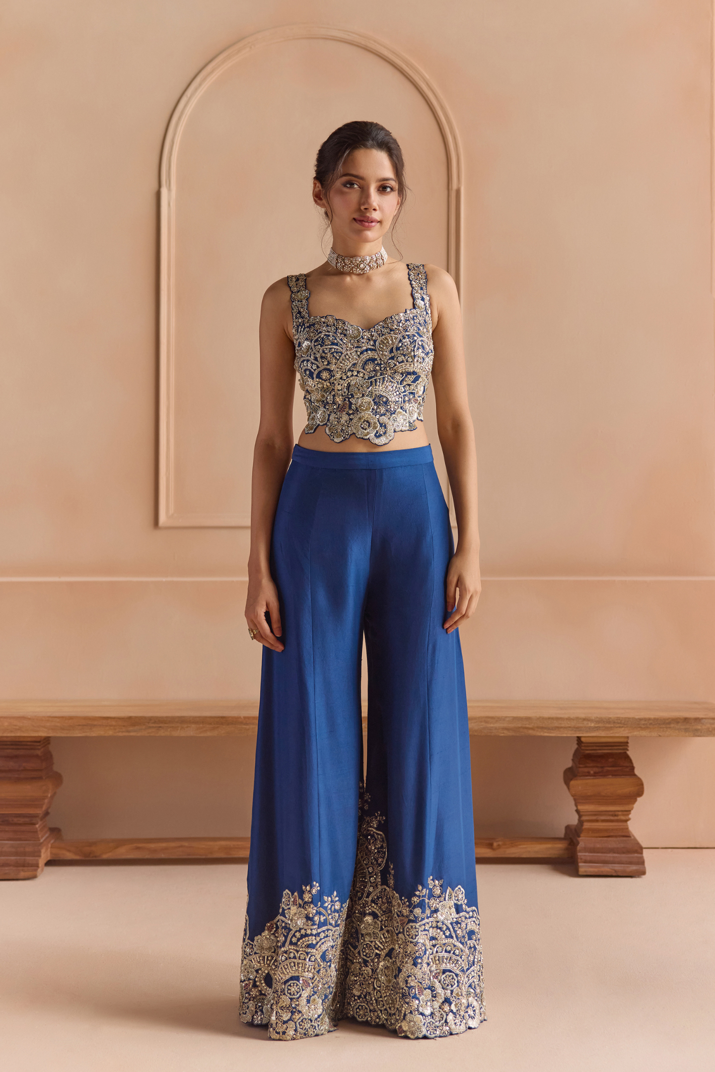 French Navy Embroidered Top & Garara Set