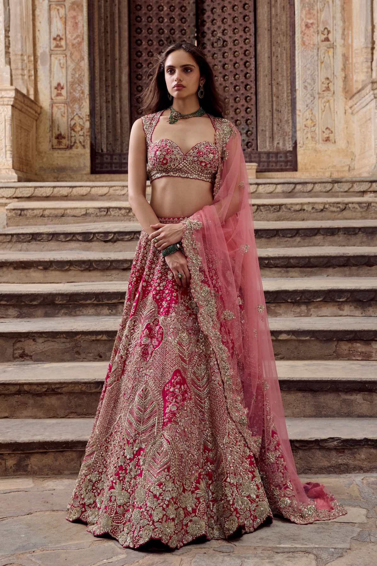Dark Fuchsia Embroidered Bridal Lehenga Set