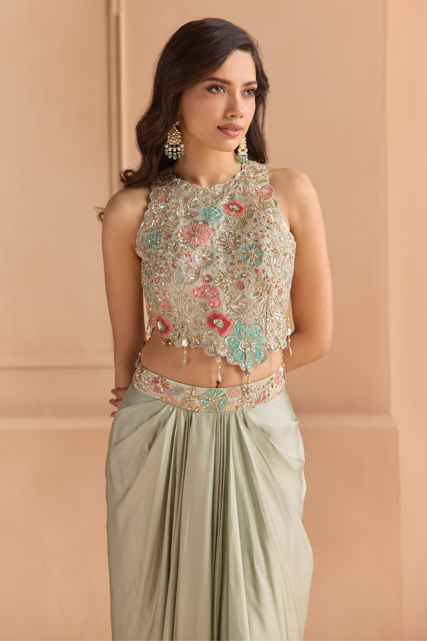 Mist Blue Embroidered Top & Skirt Set