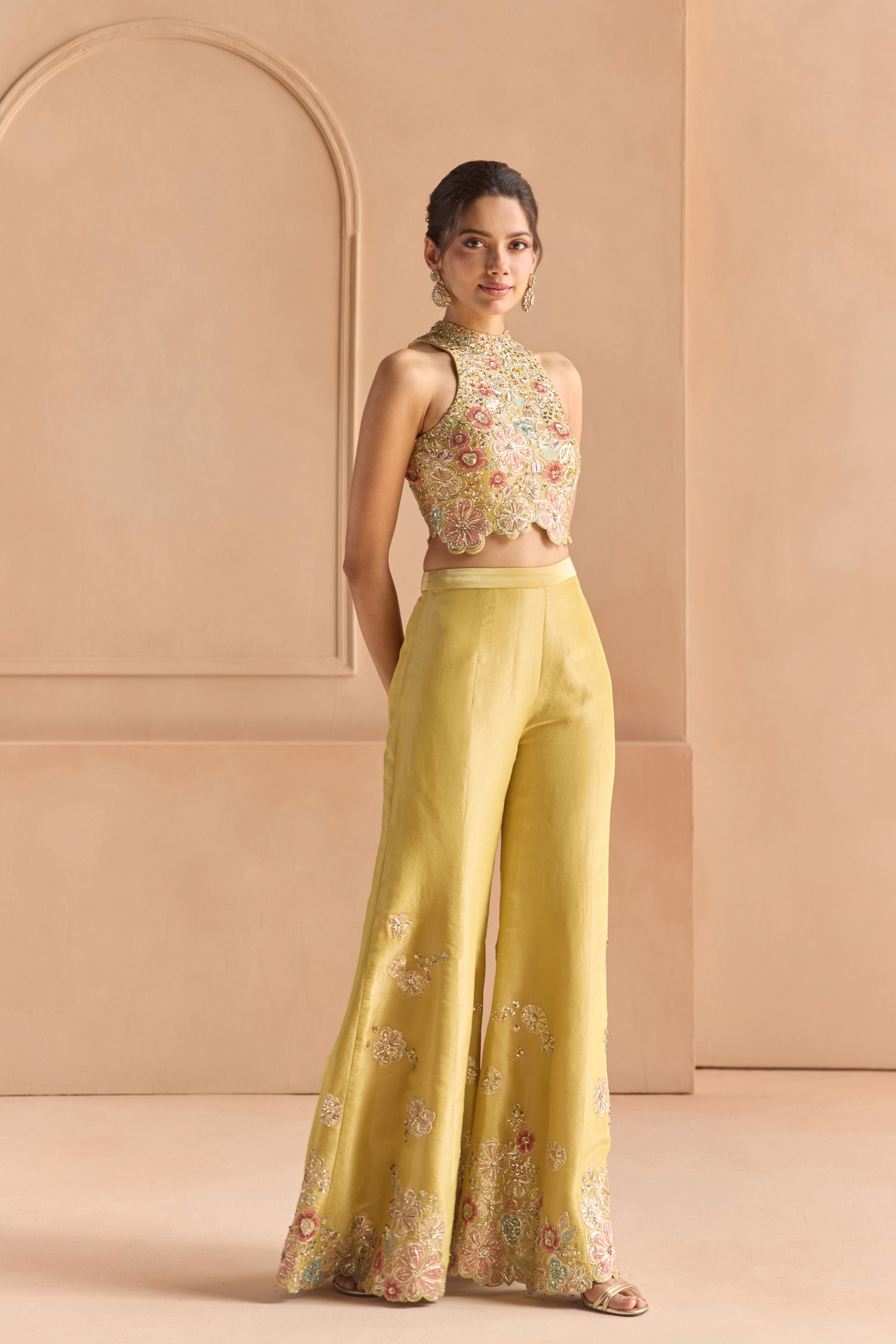 Butter Yellow Embroidered Top & Flare Pants Set