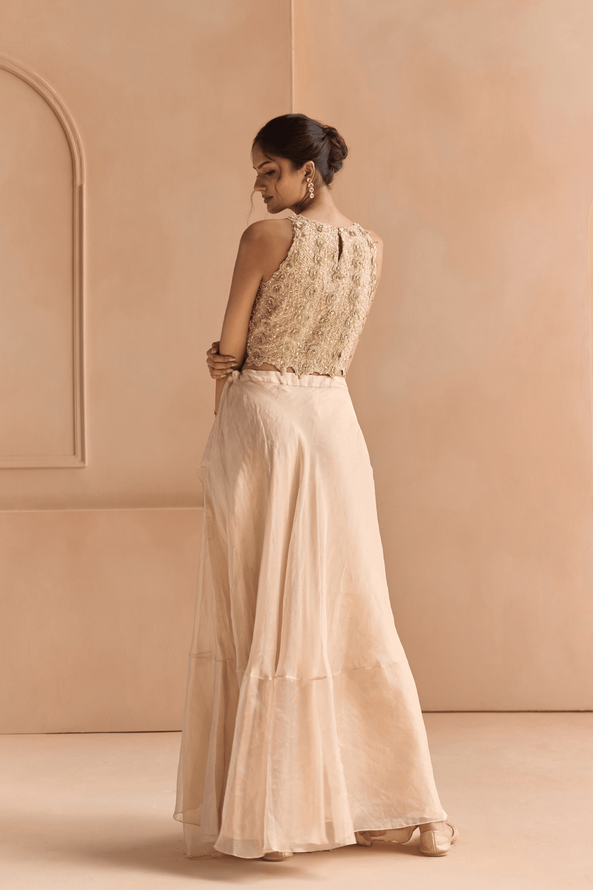 Beige Champagne Waterfall Skirt Set