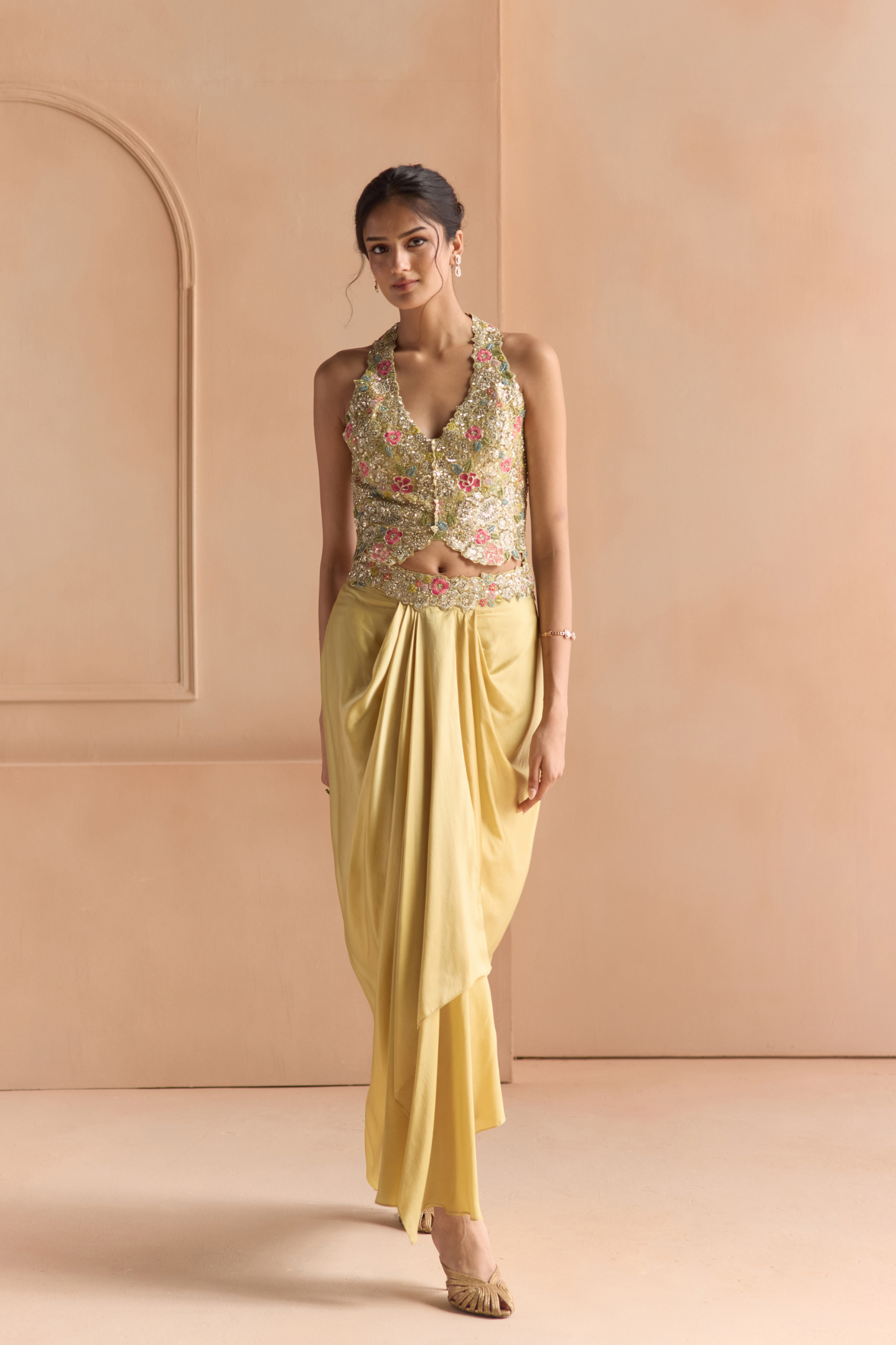 Butter Yellow Embroidered Top & Skirt Set