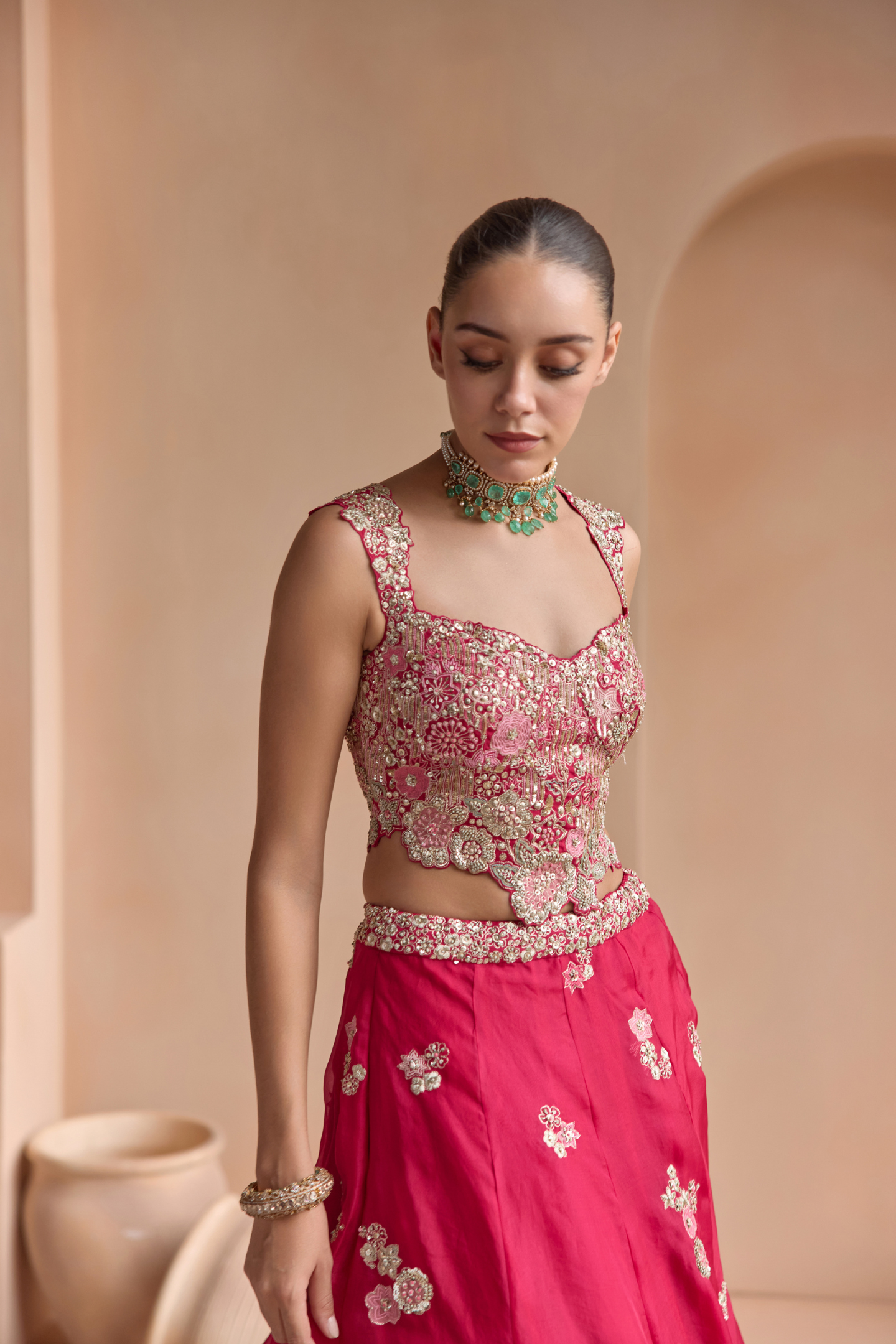 Cut Ruby Embroidered Organza Lehenga Set