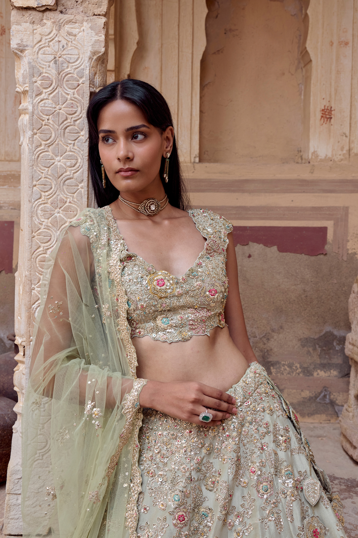 Sage Tissue Embroidered Lehenga Set