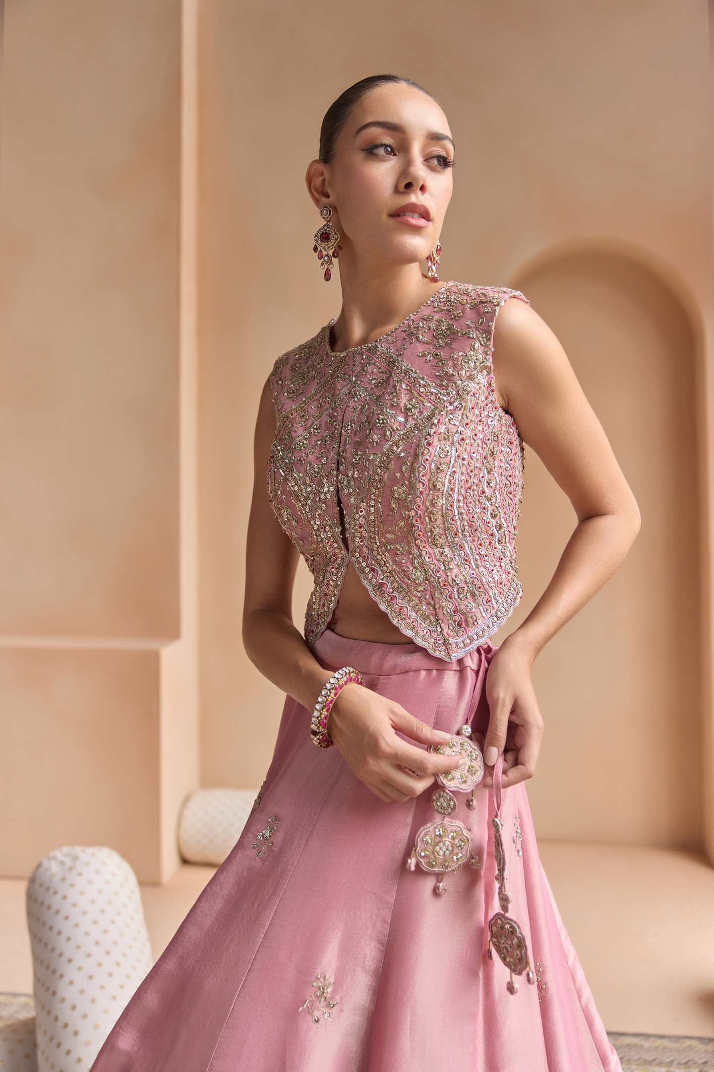 Soft Berry Embroidered Tissue Lehenga Set